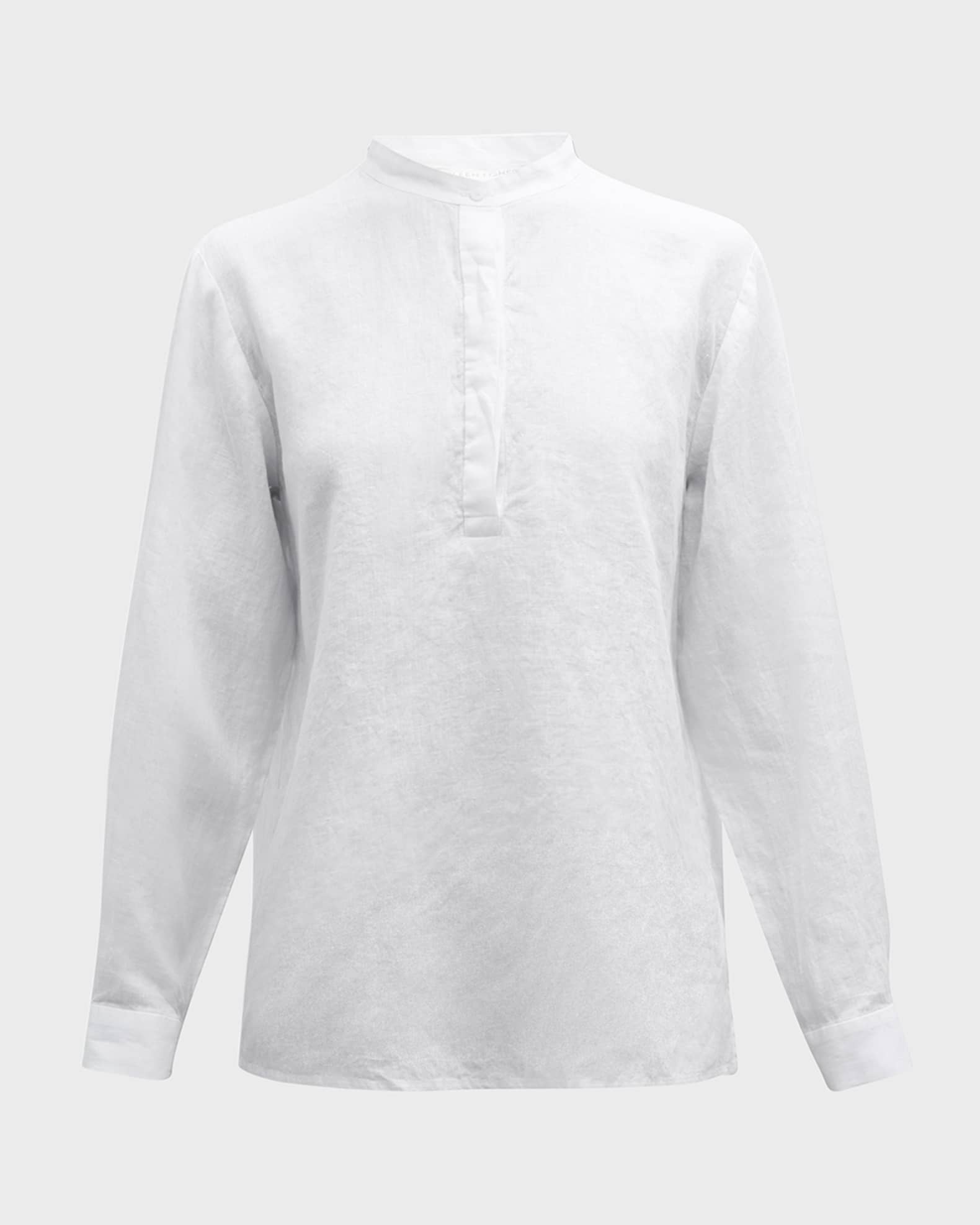 Eileen Fisher Band-Collar Organic Linen Henley Top