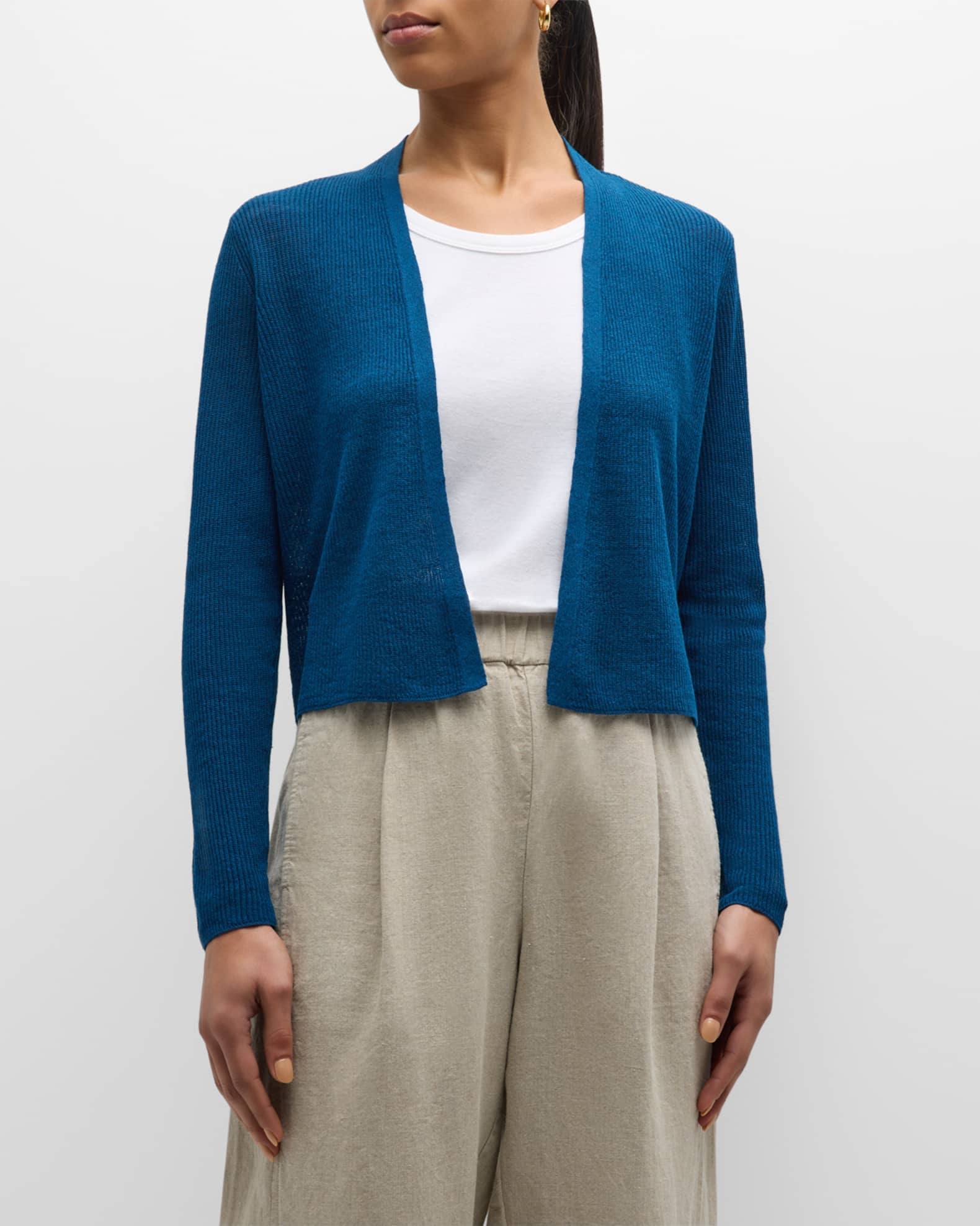 Petite Ribbed Open-Front Linen-Cotton Cardigan