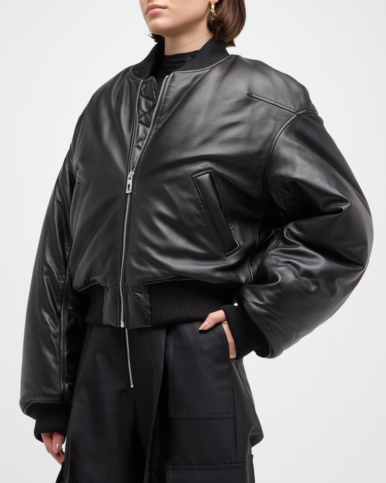 Puffy leather 2025 bomber jacket