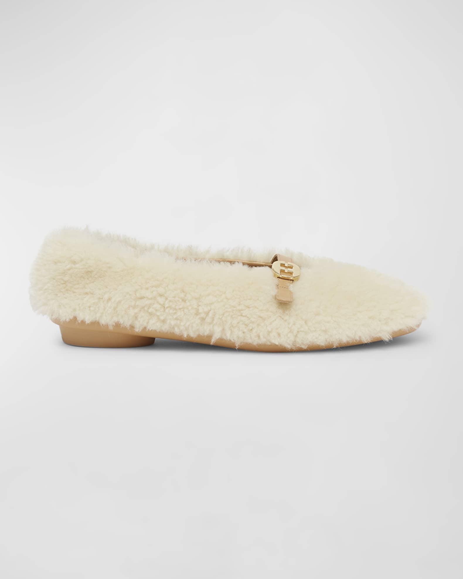 Salvatore Ferragamo Noella Shearling Buckle Ballerina Flats Mascarpone