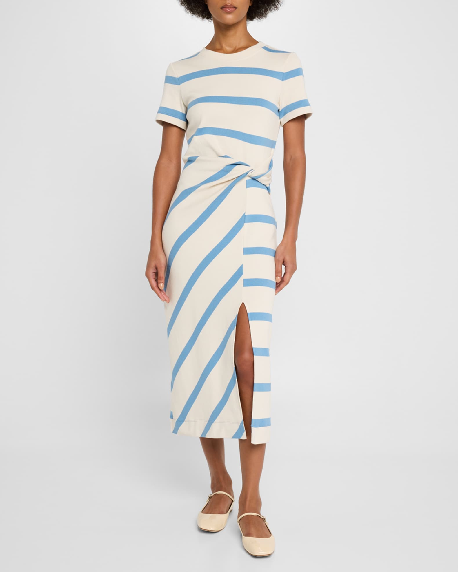 Cody Twisted-Waist Short-Sleeve Striped Midi Dress 1