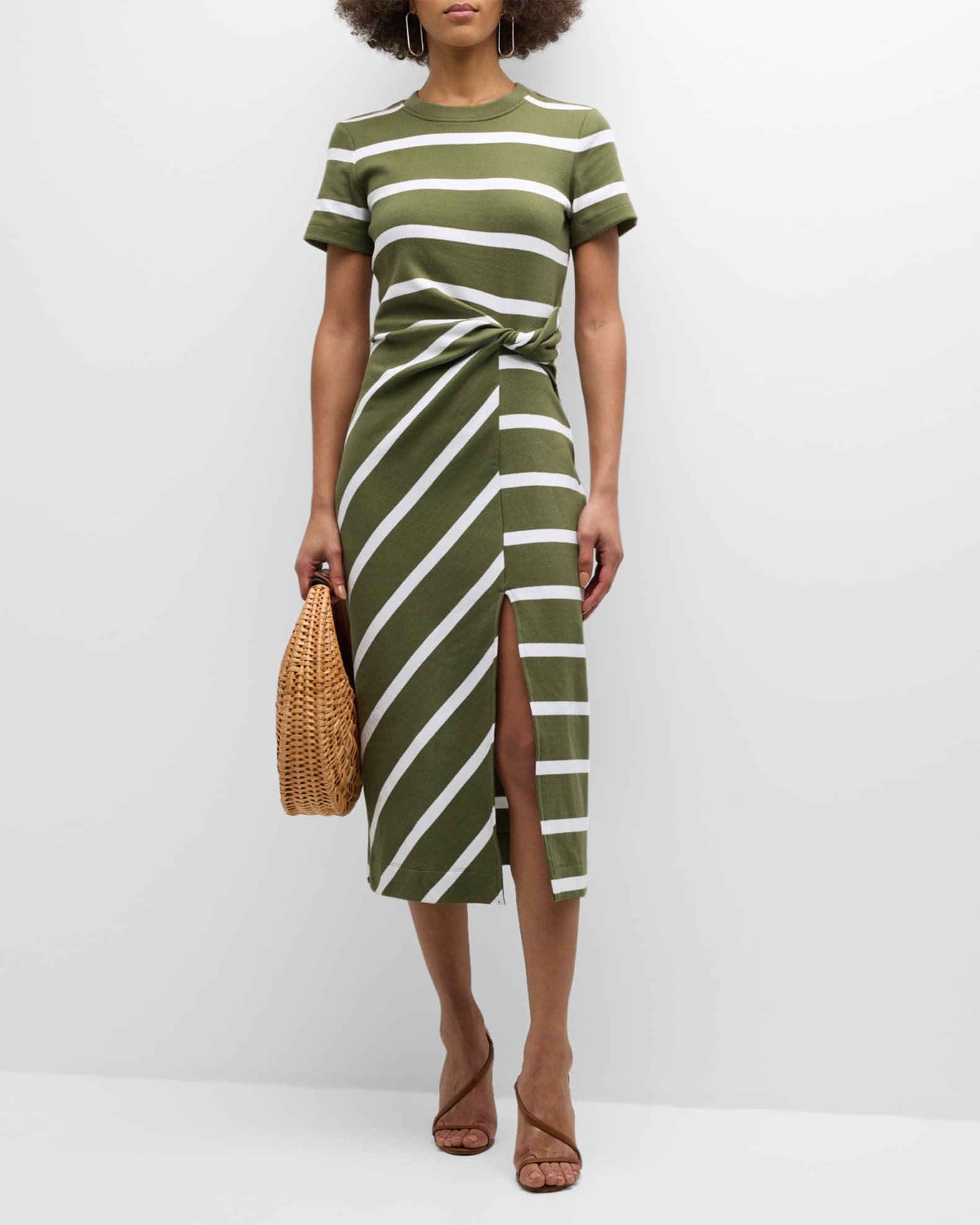 knee length dresses for ladies Brown Striped Short Sleeve Midi Dress