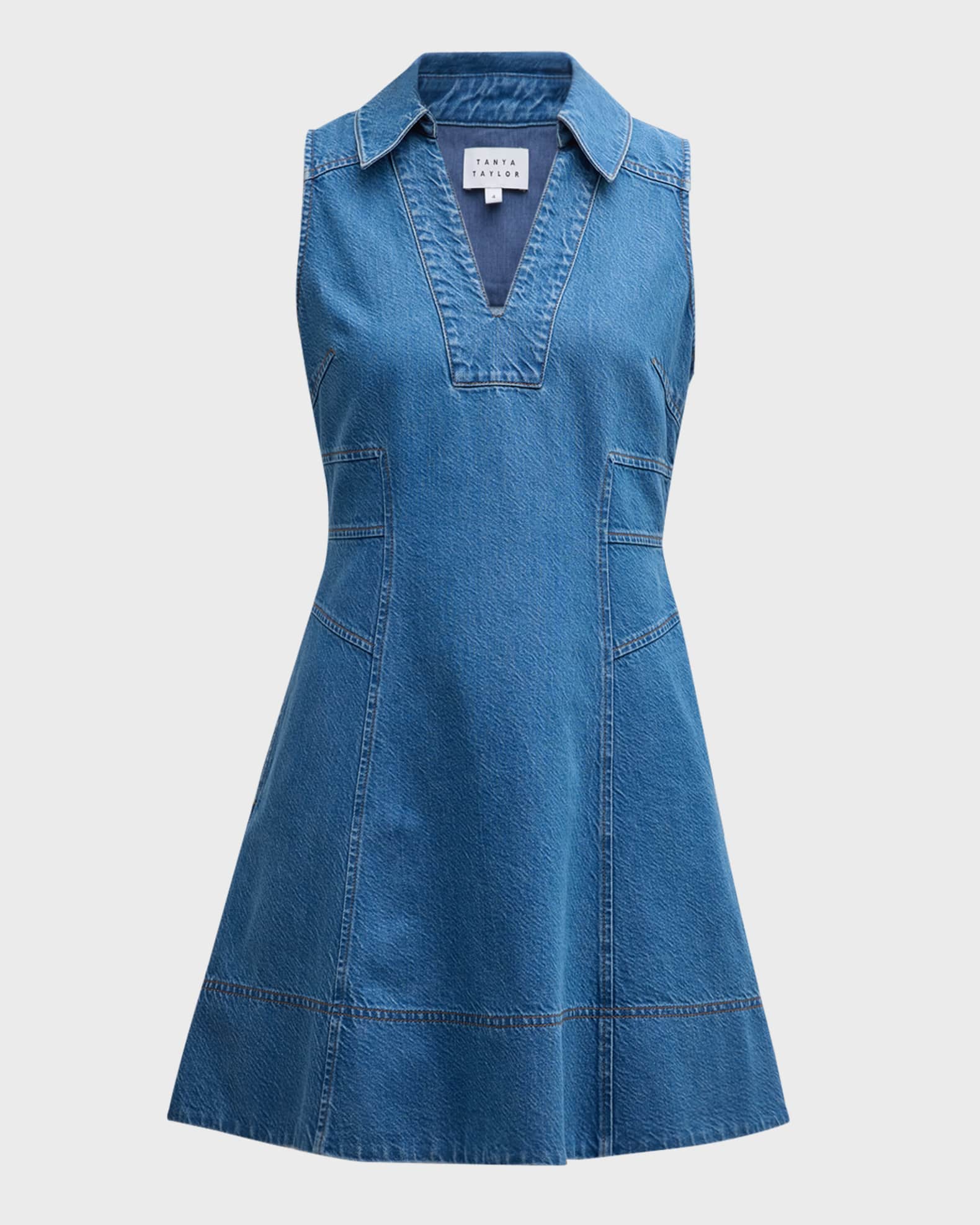 Tanya Taylor Reinata Denim Sleeveless V-Neck Mini Dress | Neiman Marcus
