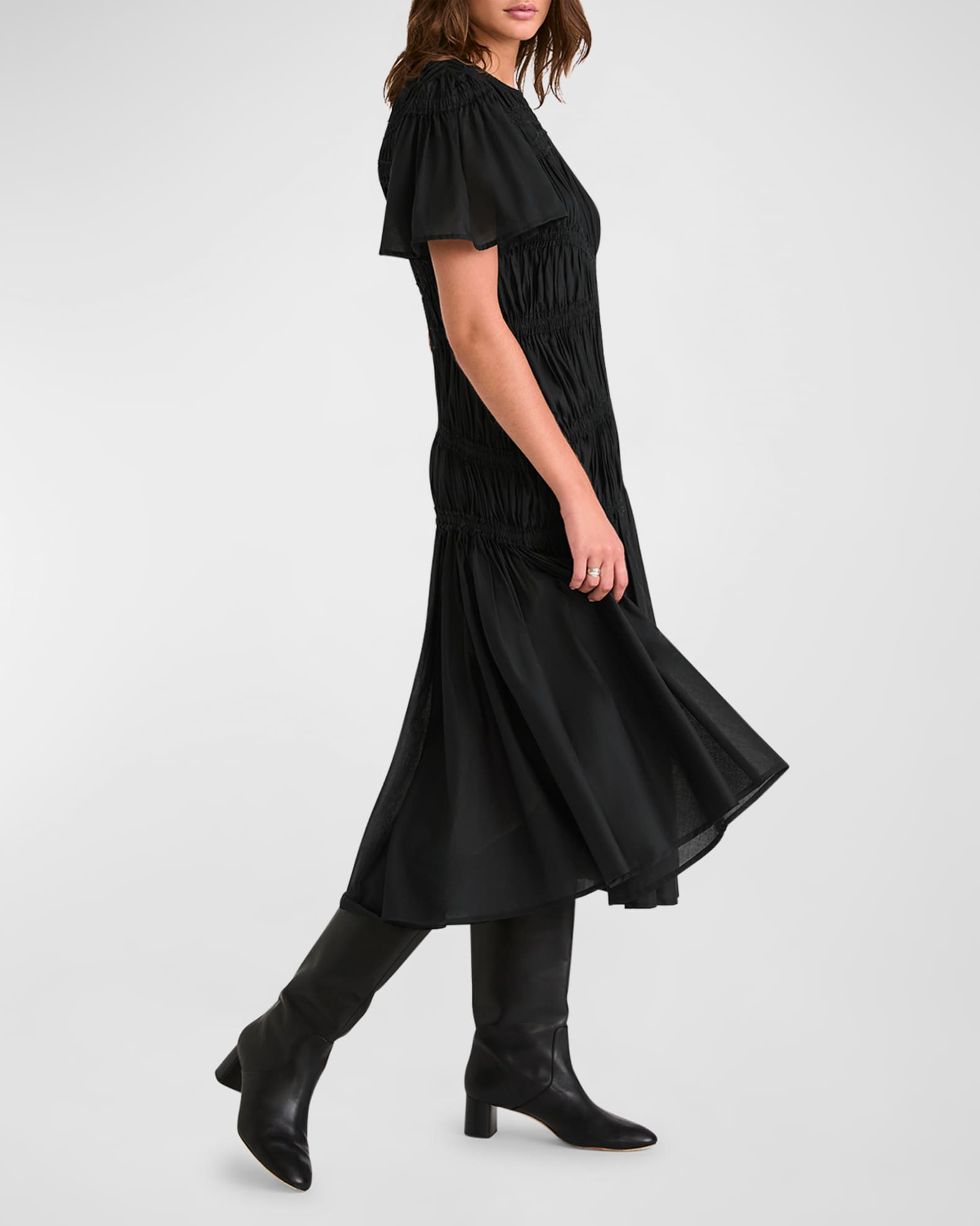 Merlette Seraphine Crinkled Flutter-Sleeve Midi Dress | Neiman Marcus