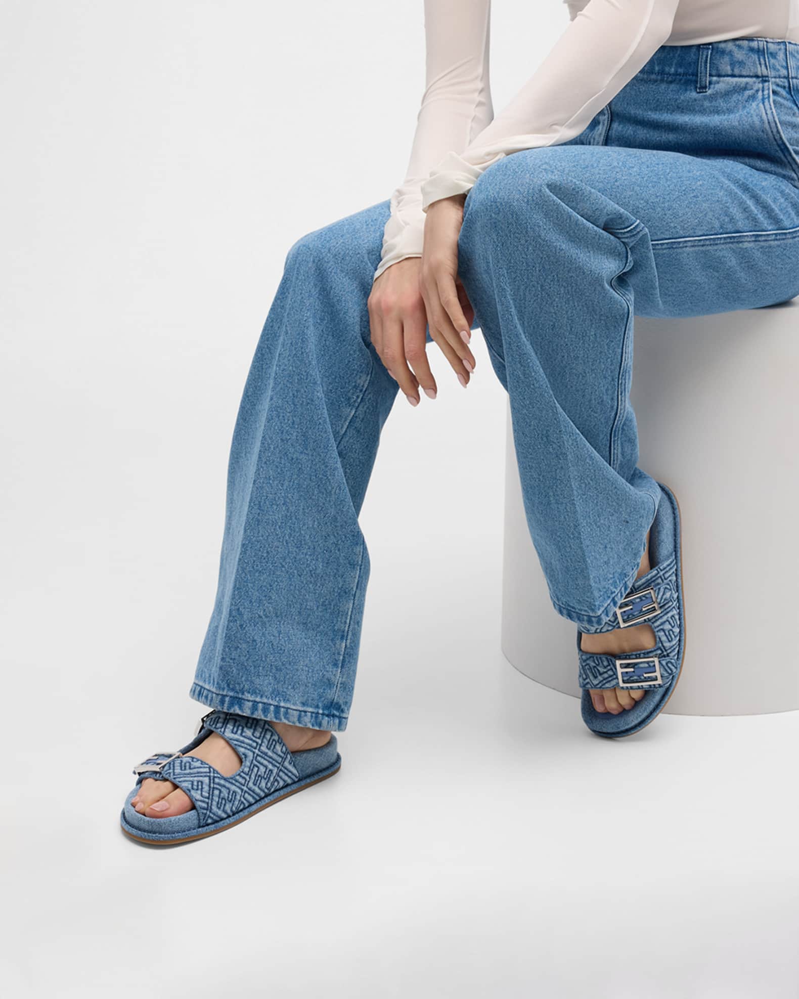 FF Embroidered Denim Dual Buckle Slide Sandals 1