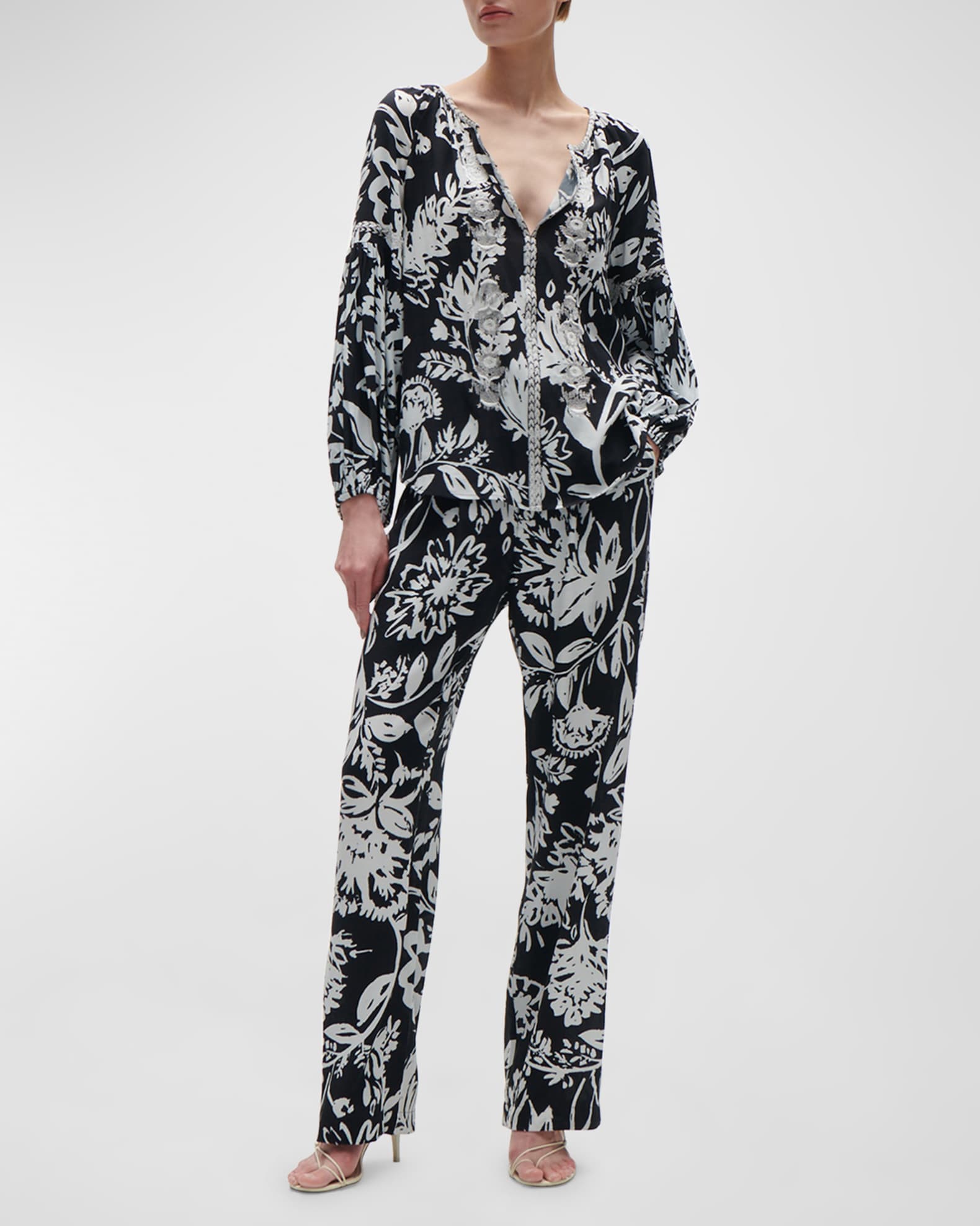 Figue Tula Floral Embroidered Long-Sleeve Peasant Top | Neiman Marcus image.