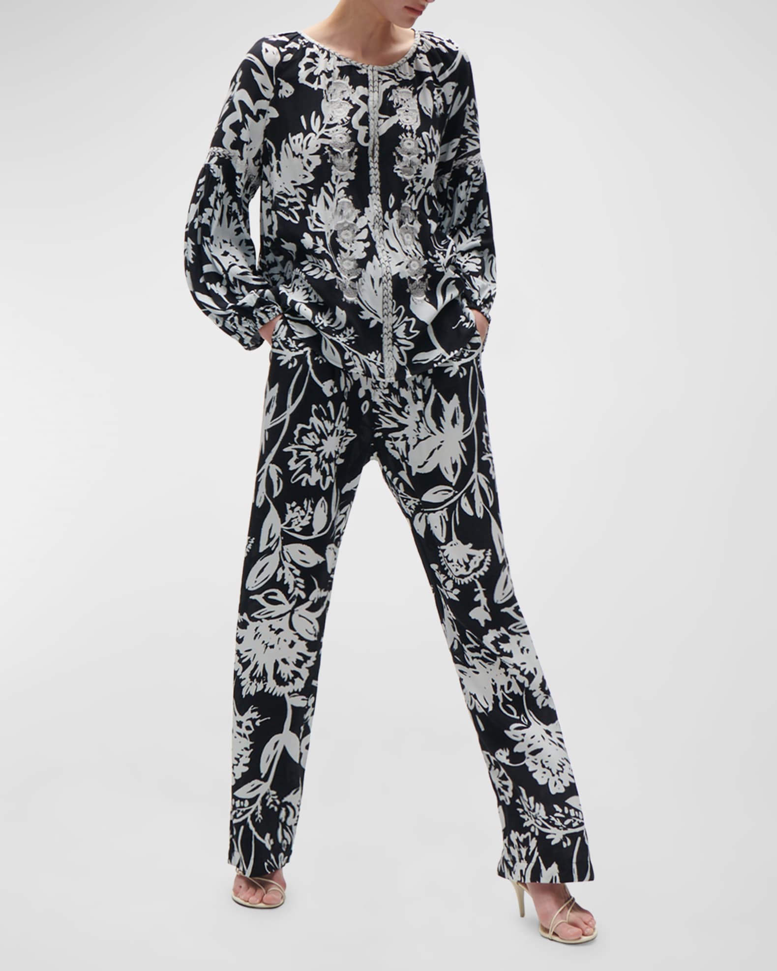 Figue Tula Floral Embroidered Long-Sleeve Peasant Top | Neiman Marcus image.