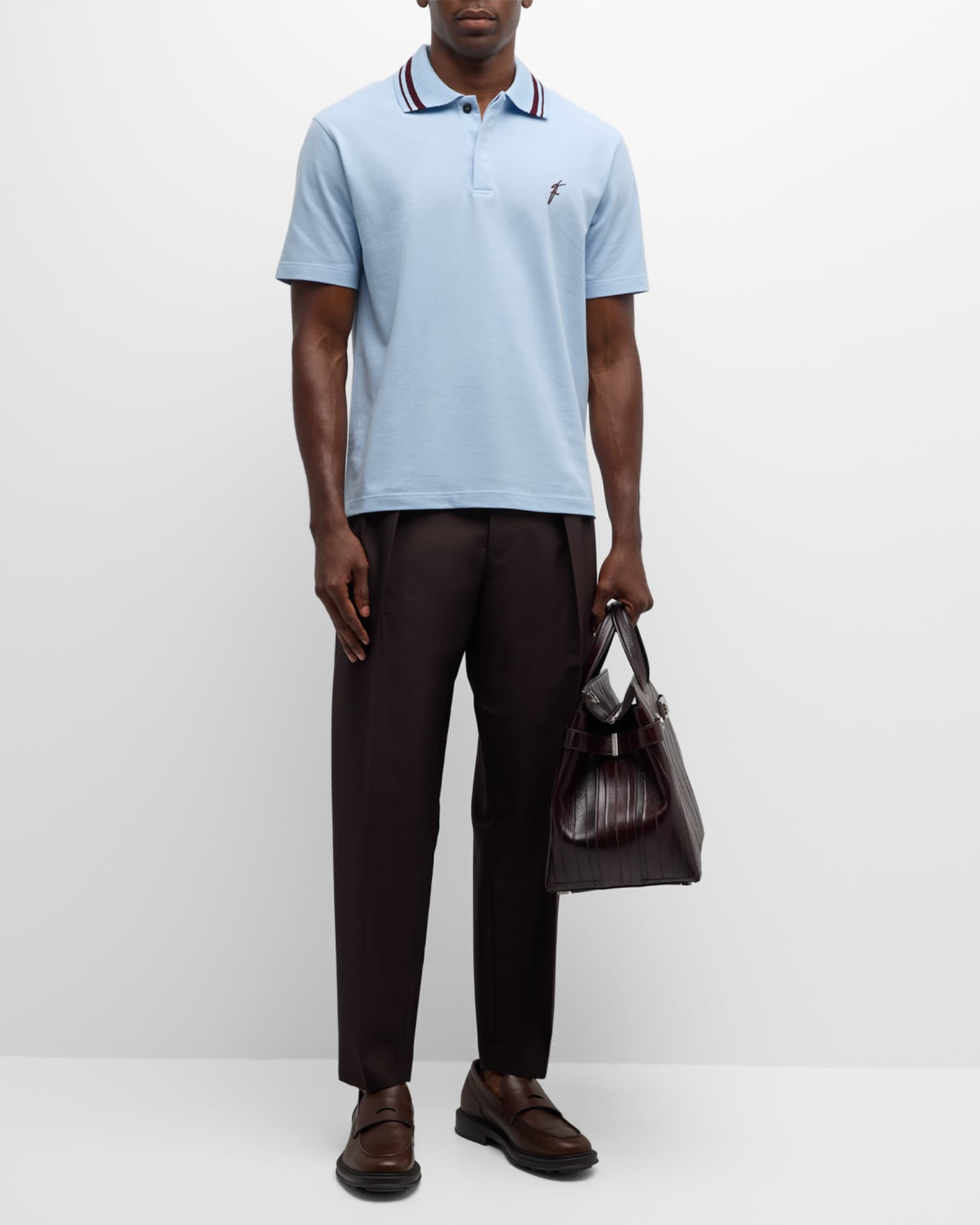 Tシャツ・カットソー SALVATORE FERRAGAMO Graphite Cotton Blend Polo Shirt Ferragamo Men's Polo Shirt with Collar Detailing | Neiman Marcus