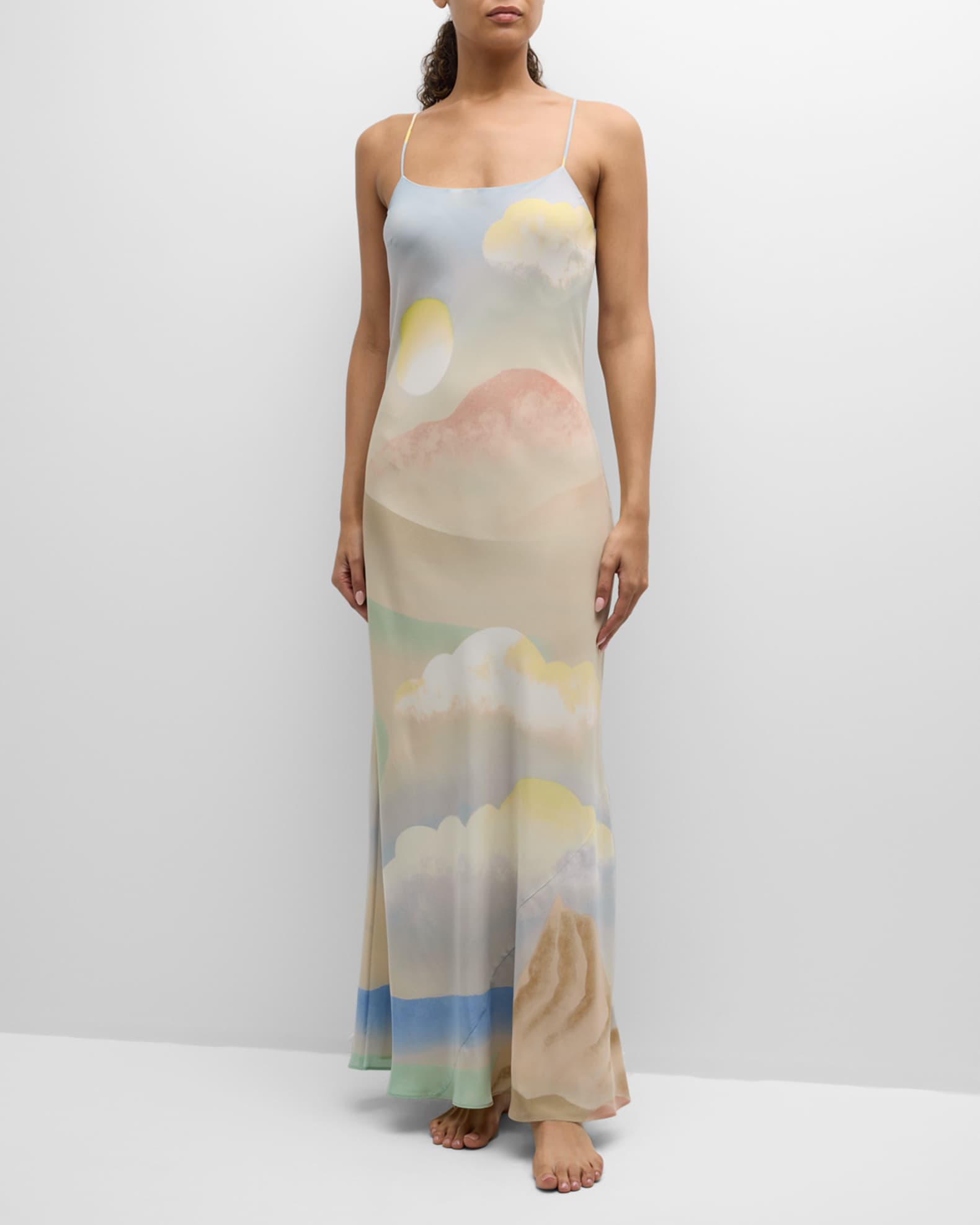 Olivia von Halle Olympia Landscape Print Silk Slip Dress Neiman Marcus