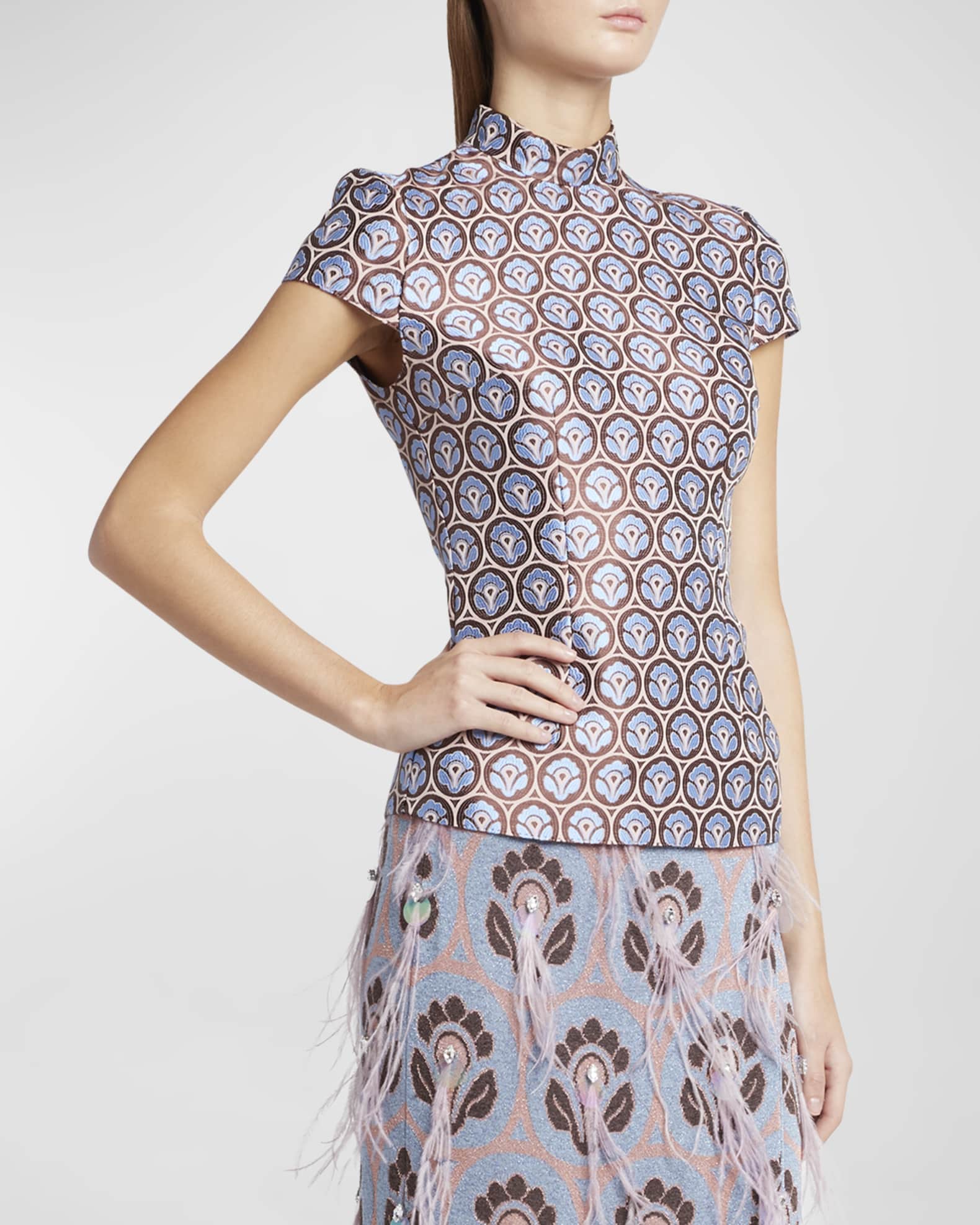 Etro Mock-Neck Cap-Sleeve Brocade Top