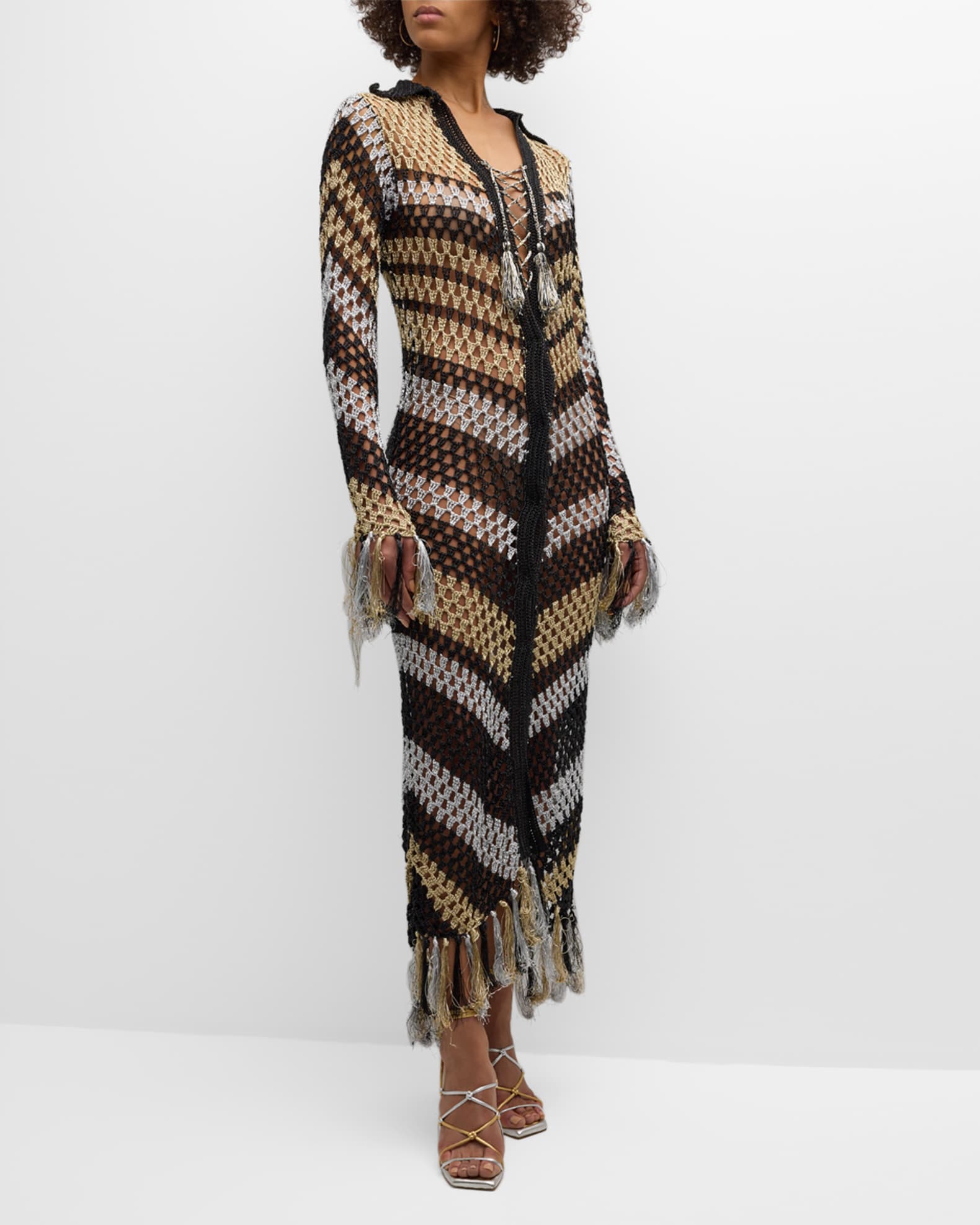 Dodo Bar Or Zil Open Crochet Lace-Up Fringe Maxi Dress