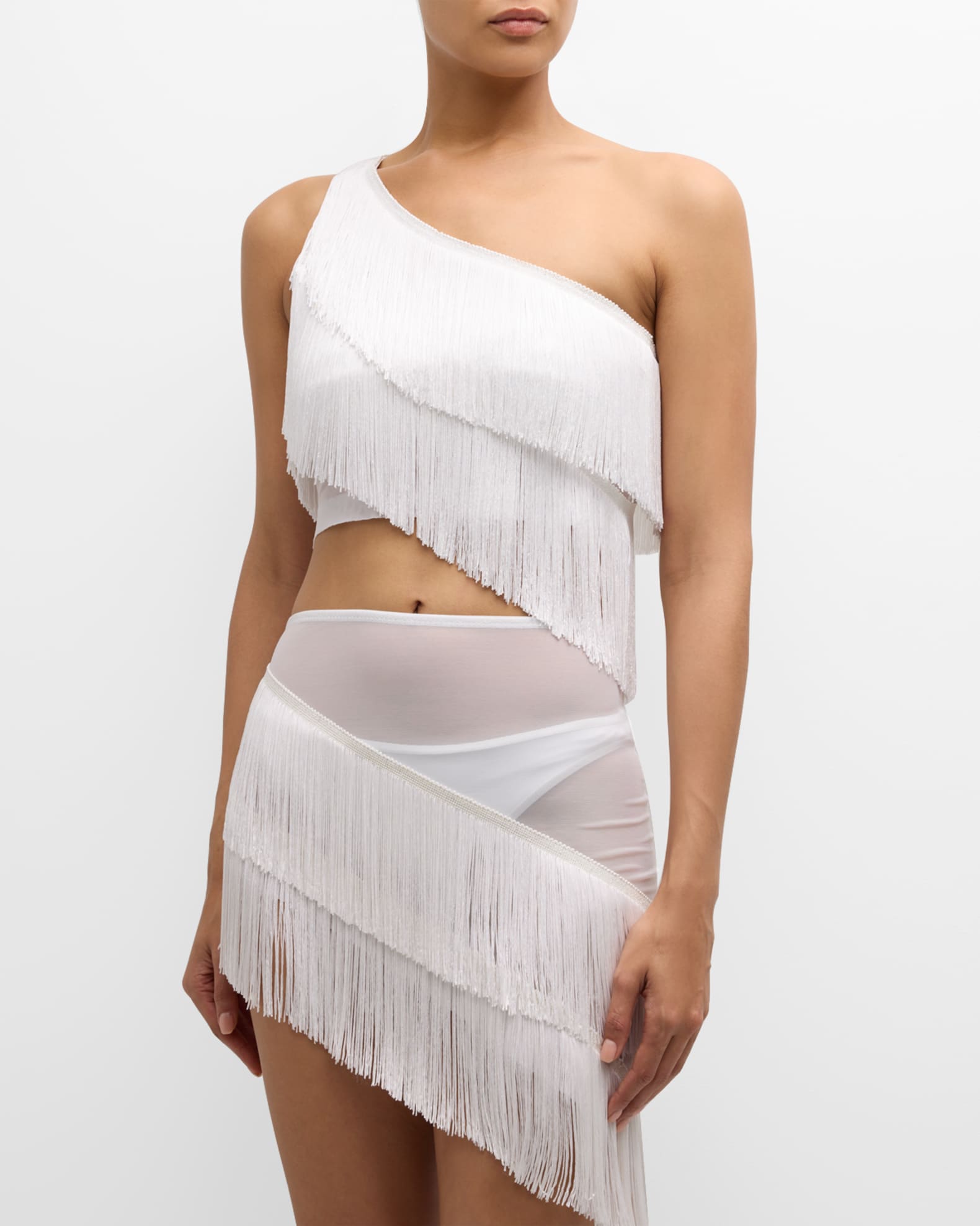 Spliced Fringe One-Shoulder Crop Top  1