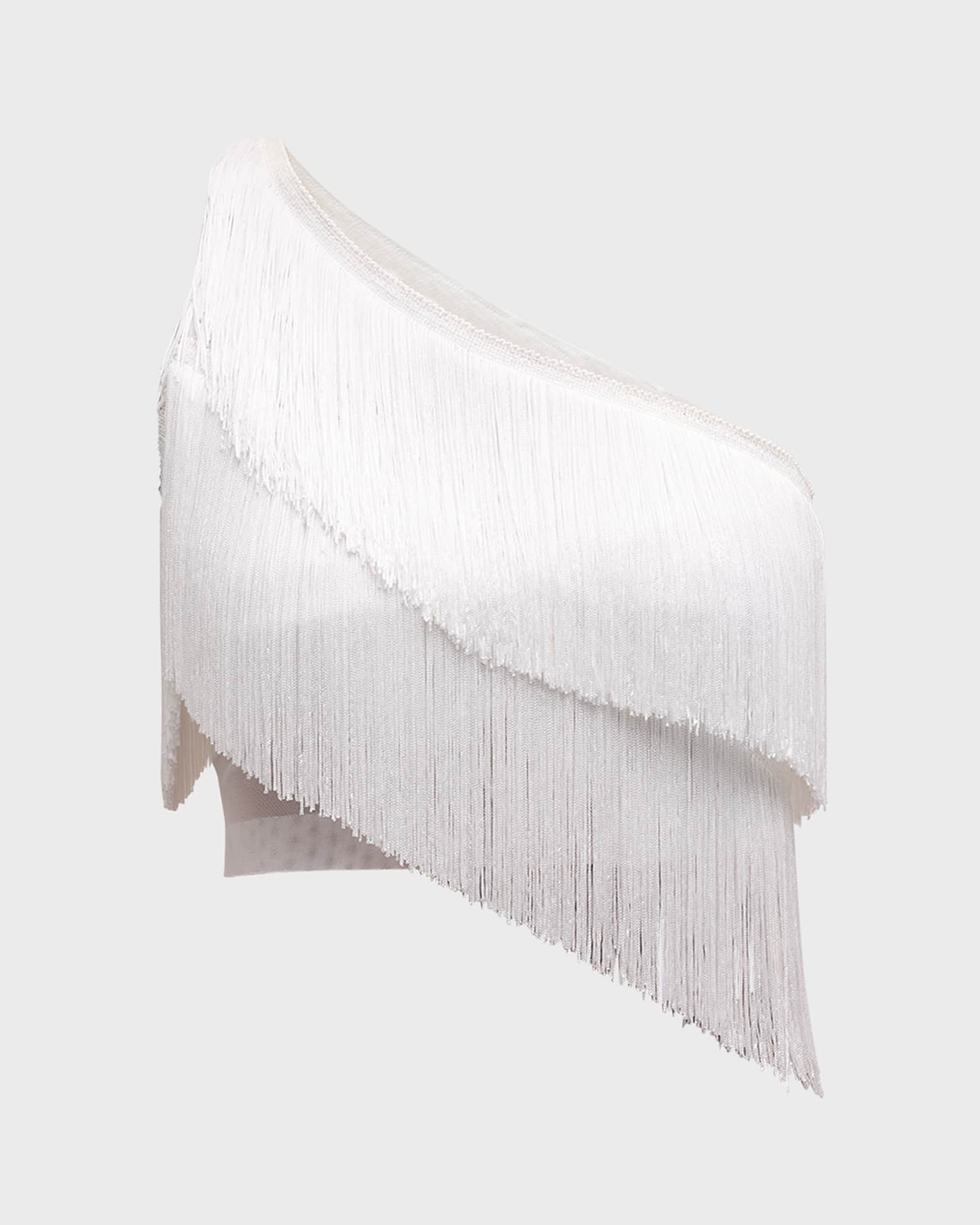 Spliced Fringe One-Shoulder Crop Top  0