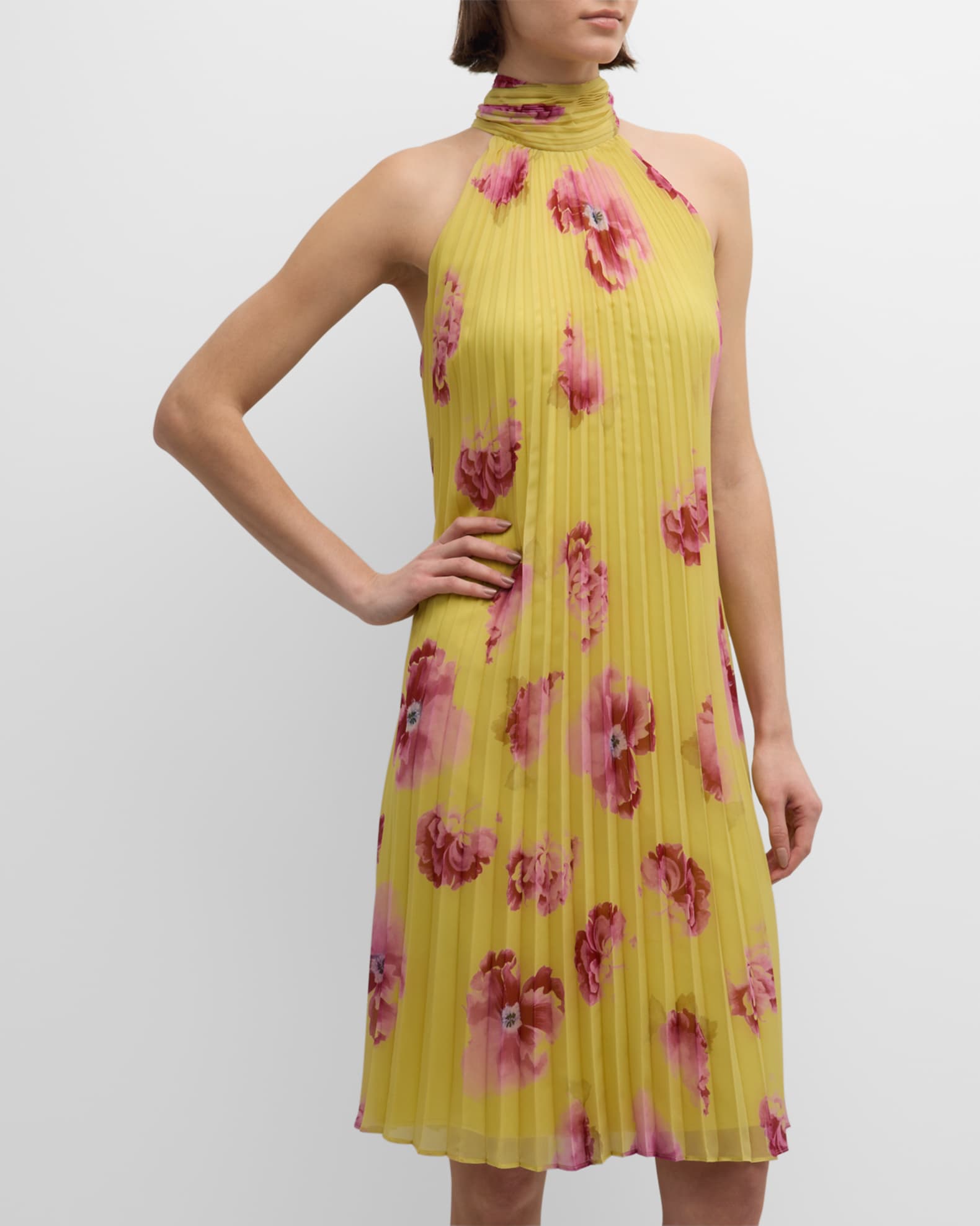Ungaro Pleated Floral-Print Chiffon Halter Midi Dress | Neiman Marcus