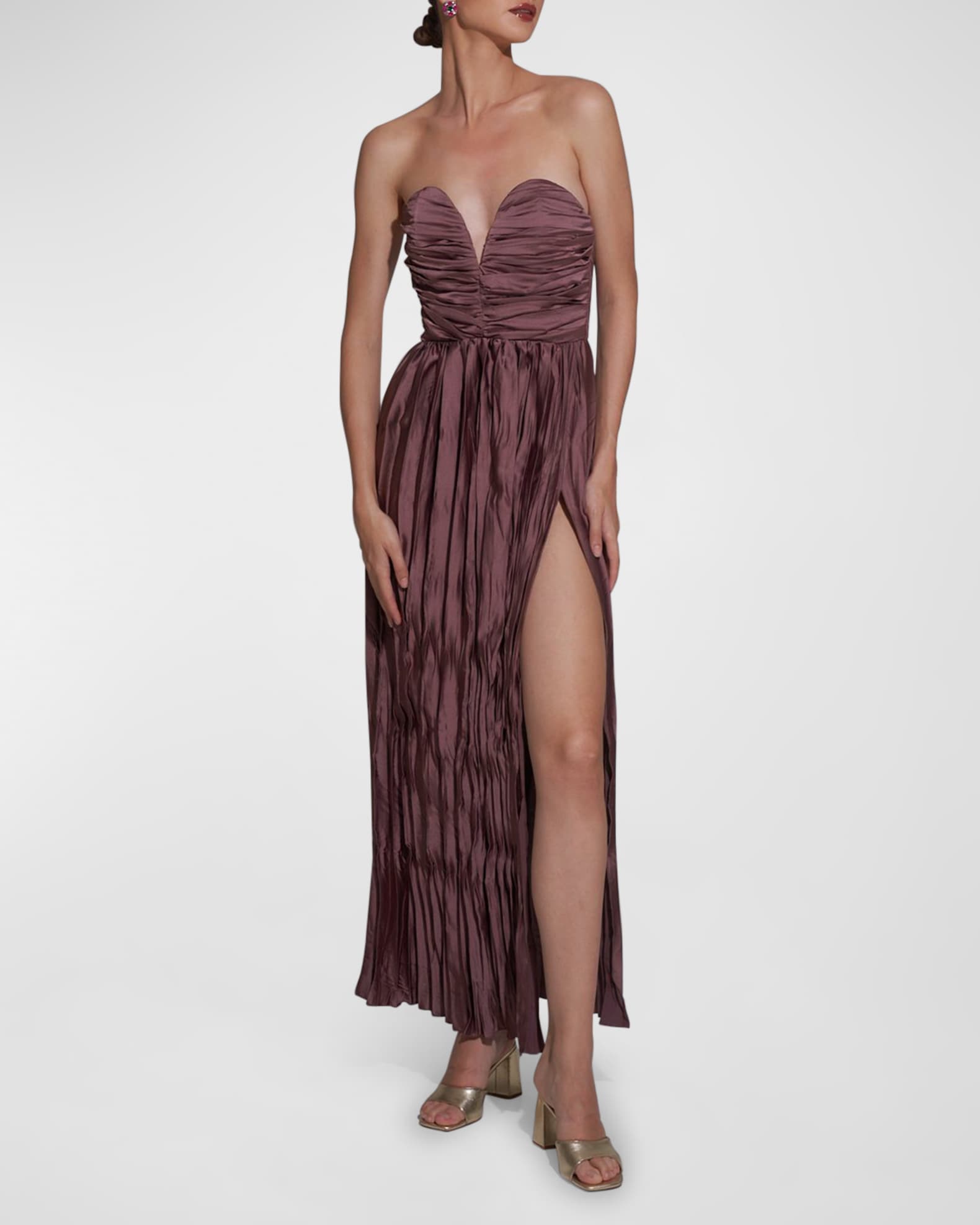 Strapless Sweetheart Pleated A-Line Maxi Dress with High Slit Peacock