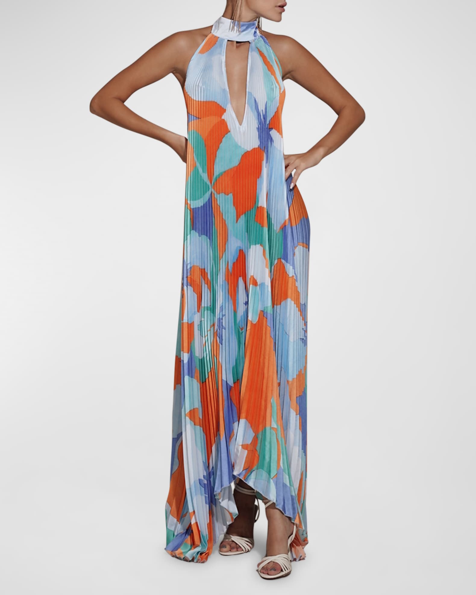 L'IDEE Opera Pleated Asymmetric Backless Halter Gown