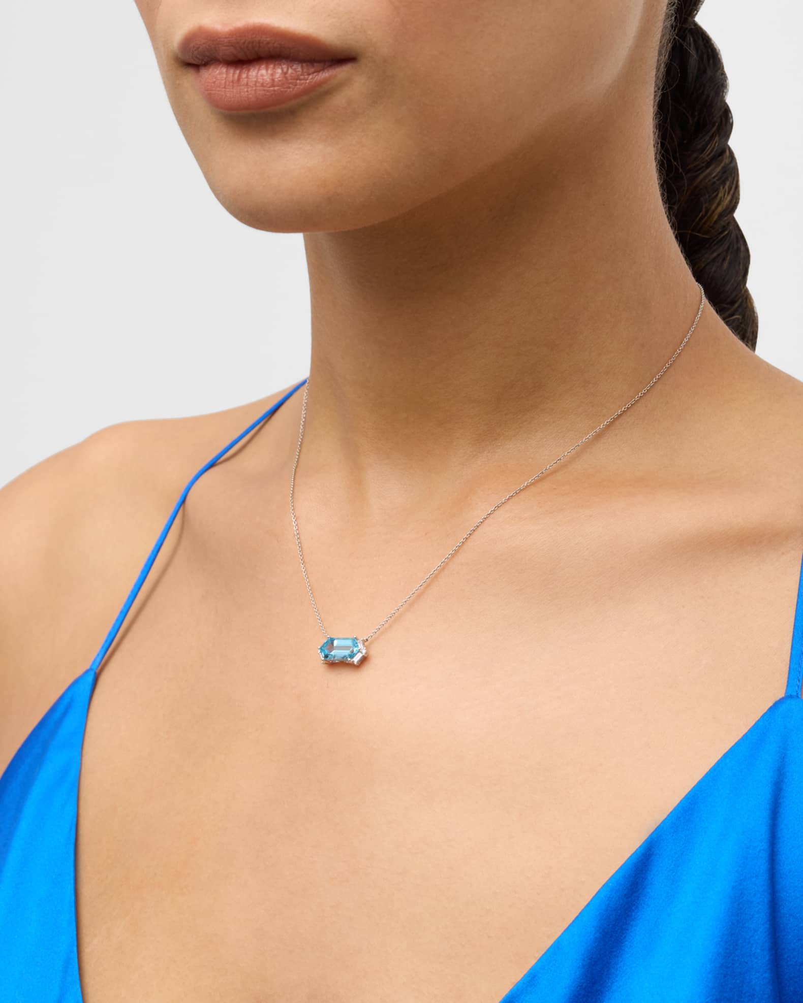 Rocks 18K White Gold Elongated Hexagon Blue Topaz and Baguette Diamond Accent Necklace 1