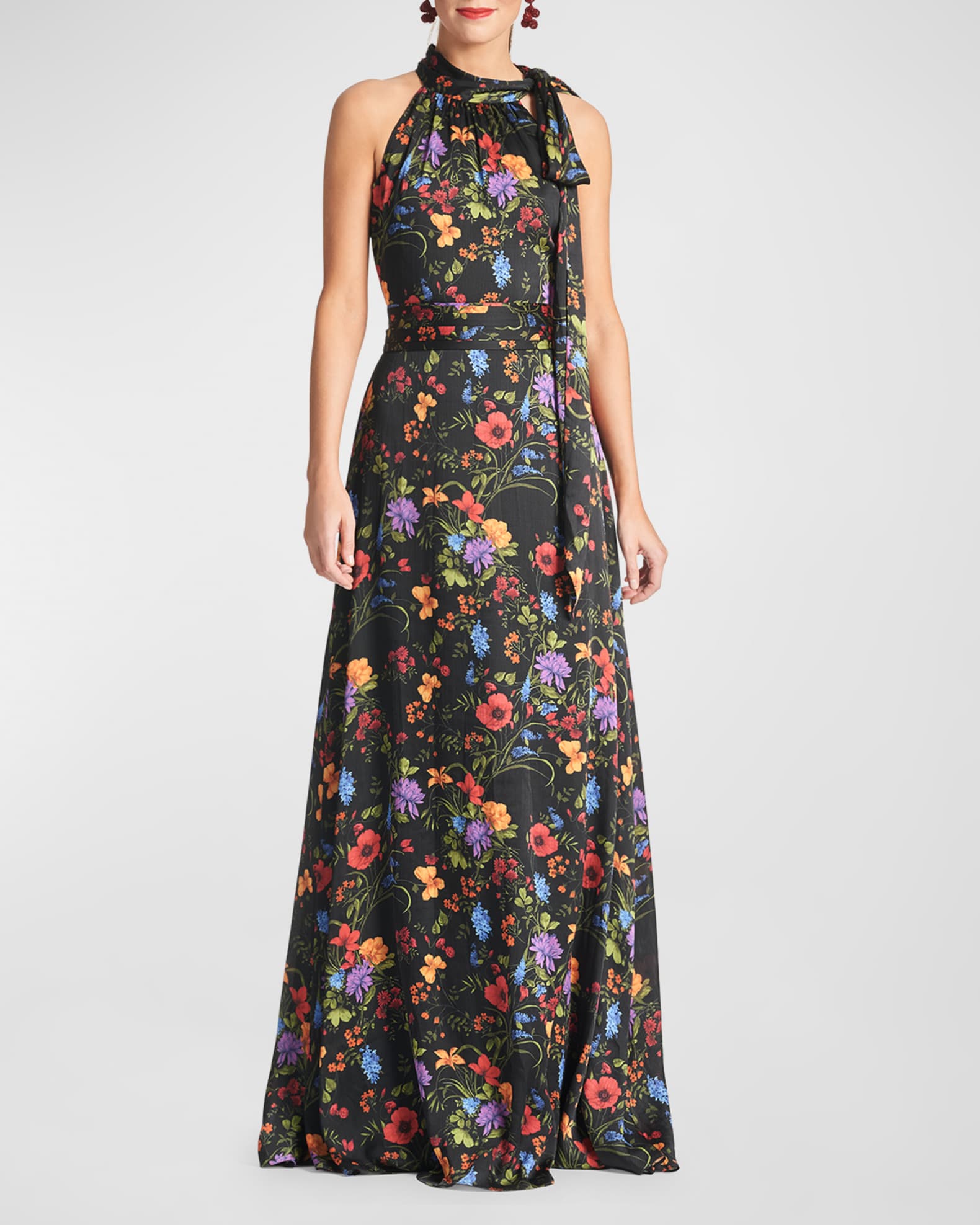 Sachin & Babi Kayla Floral-Print Tie-Neck Halter Gown