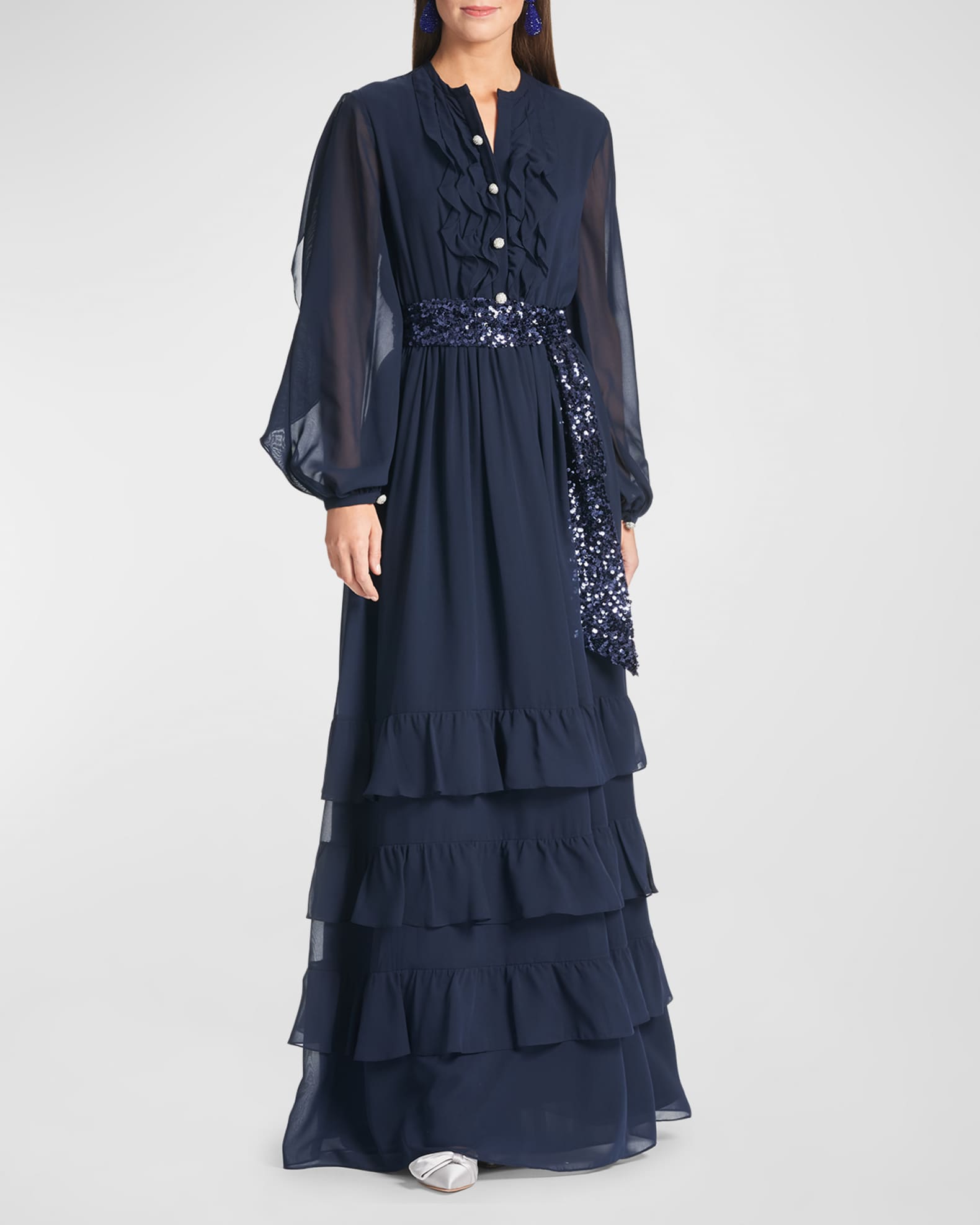 Venus Blouson Sleeve Ruffle Chiffon Gown