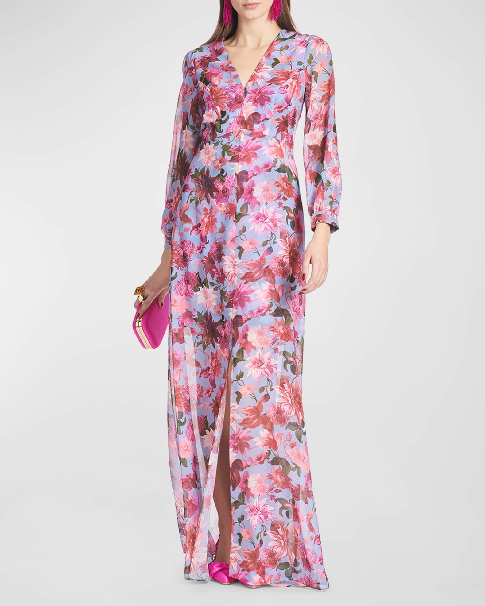 Penny A-Line Floral-Print Chiffon Gown 0