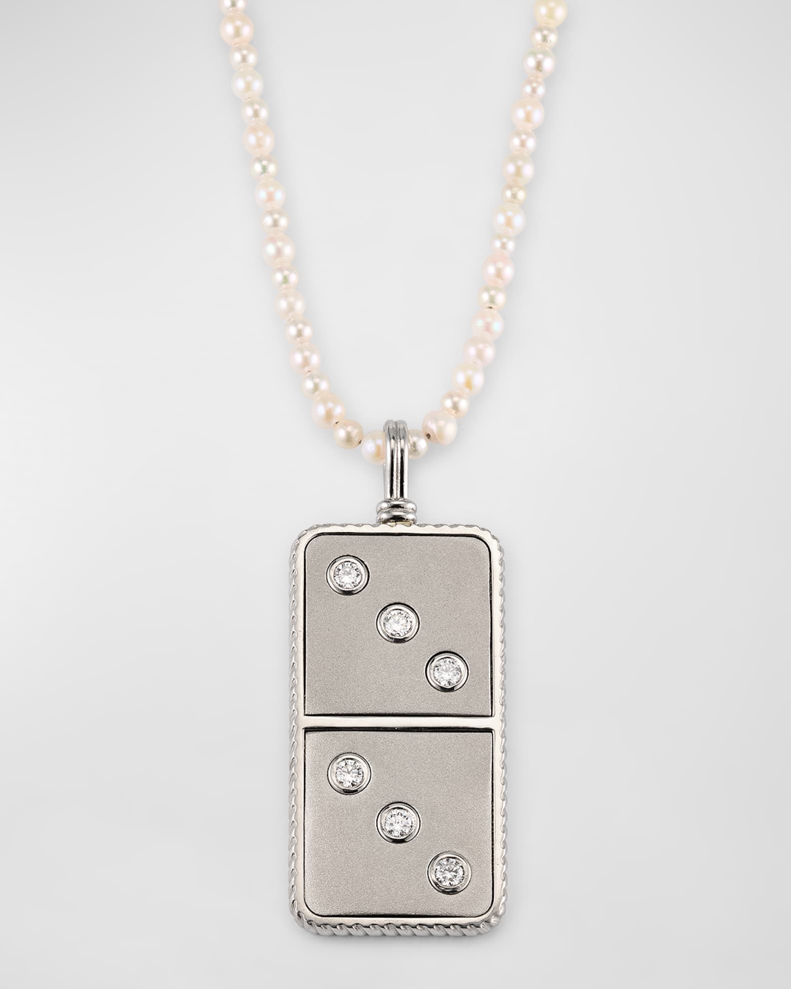 Retrouvai Platinum and Diamond Domino Pendant on Akoya Pearl Necklace, 30"L