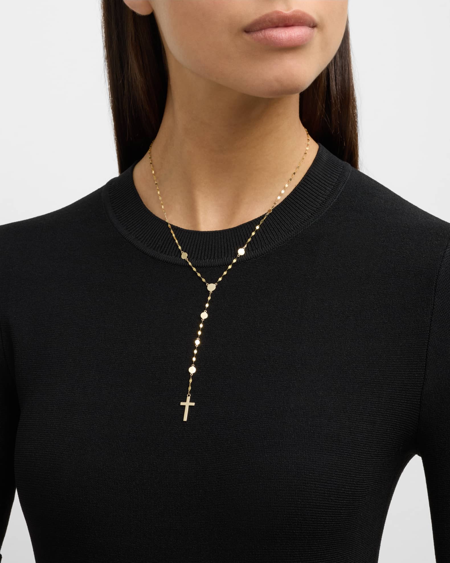 14K Yellow Gold Disc Chain Lariat Crossary Necklace, 18" 1