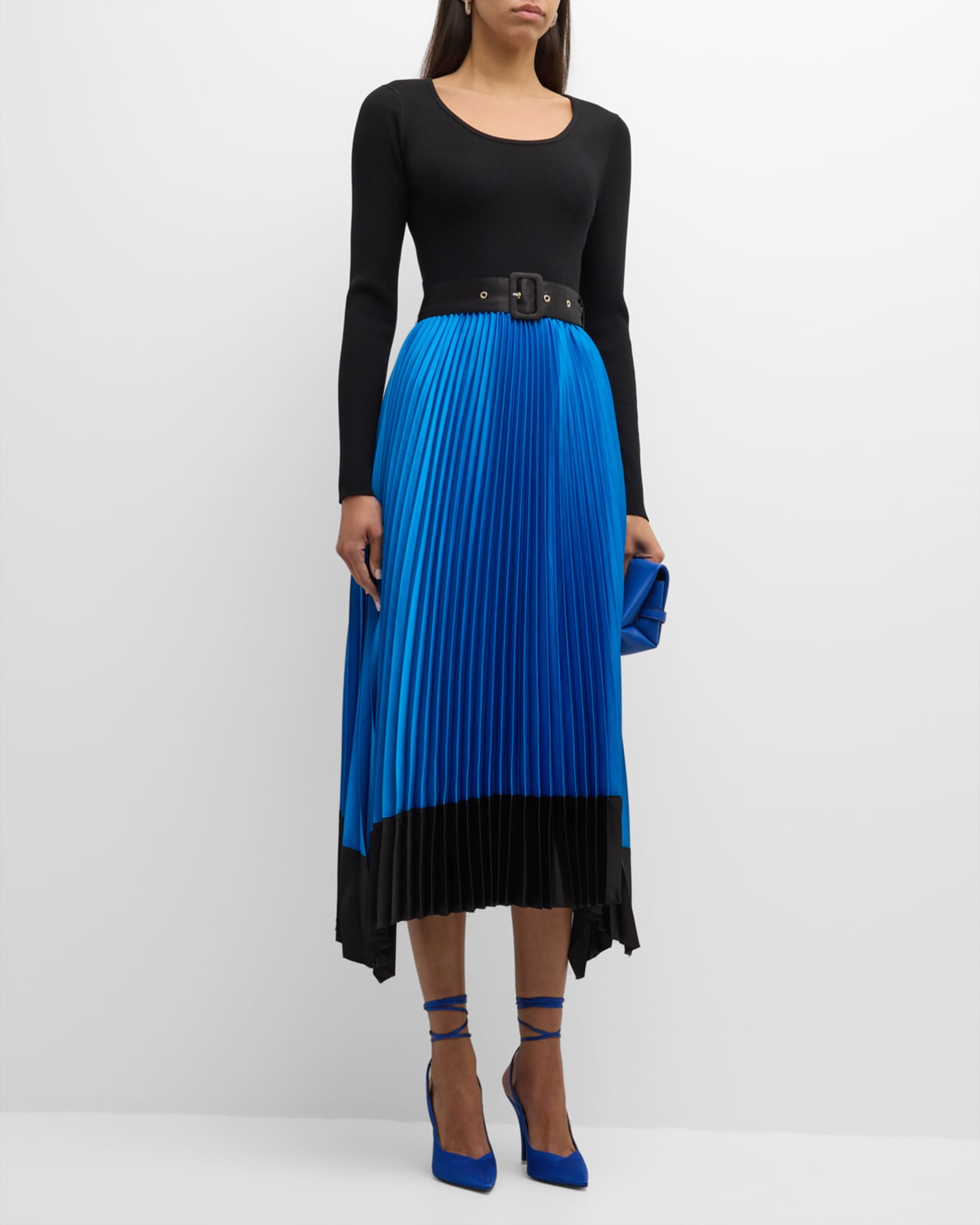 Elie Tahari Pleated Colorblock Handkerchief Midi Dress | Neiman Marcus