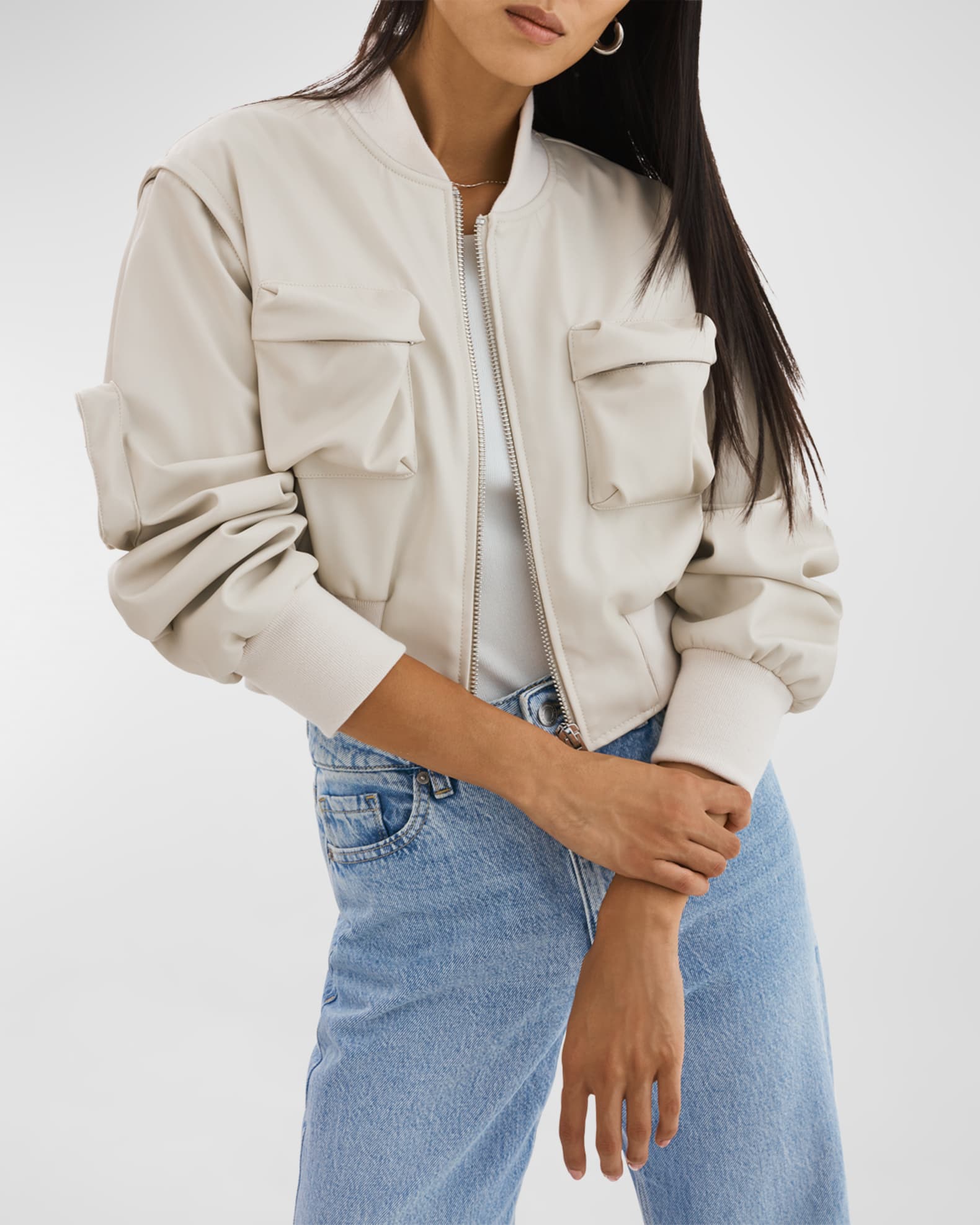 Xaia Faux-Leather Cropped Convertible Bomber Jacket 0
