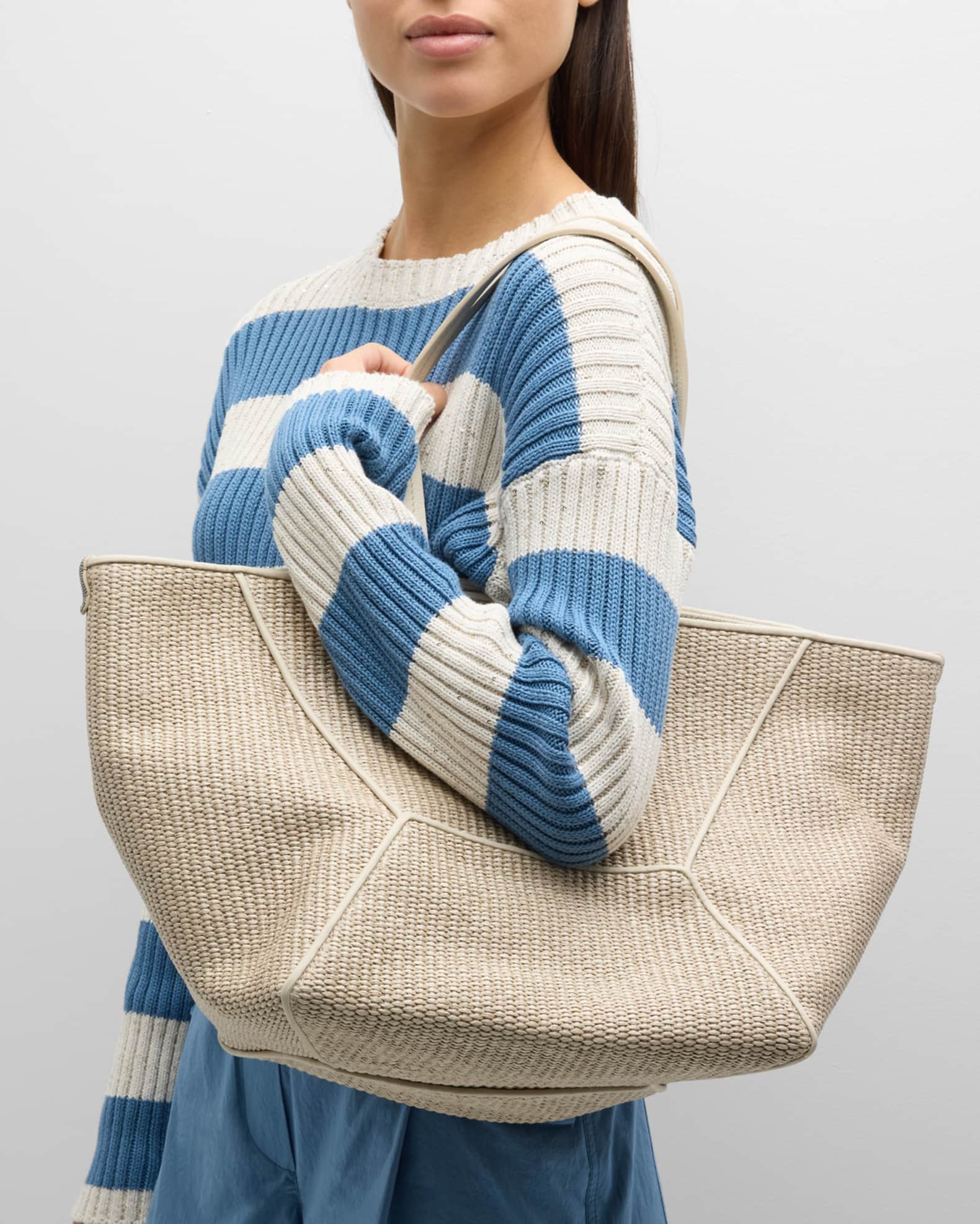 トートバッグ BRUNELLO CUCINELLI Woman Tote bags Blue MB25D2571 C001 Brunello Cucinelli BC Duo Medium Shopper Raffia Tote Bag