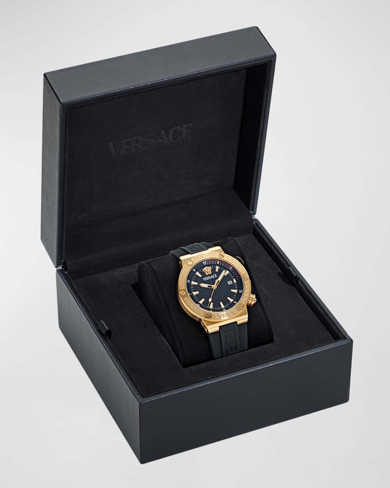 Versace Men s Greca Logo IP Yellow Gold Polyurethane Strap Watch 43mm Neiman Marcus