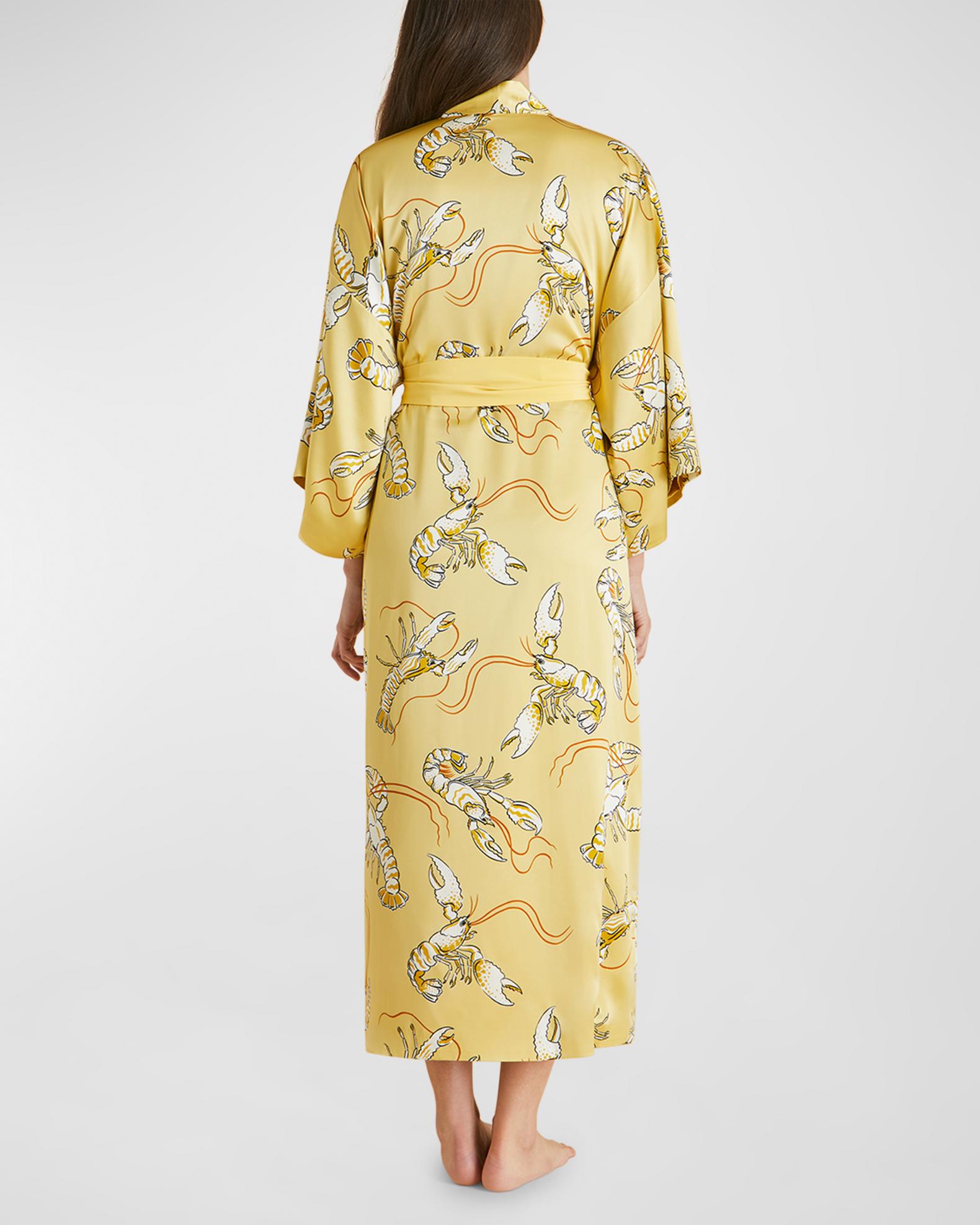 Olivia von Halle Queenie Lobster-Print Silk Satin Robe | Neiman Marcus