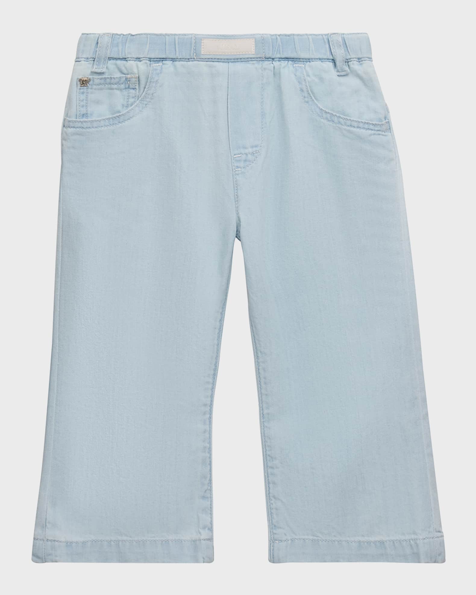 Versace Girl's Light Wash Logo-Print Denim Pants, Size 12M-3