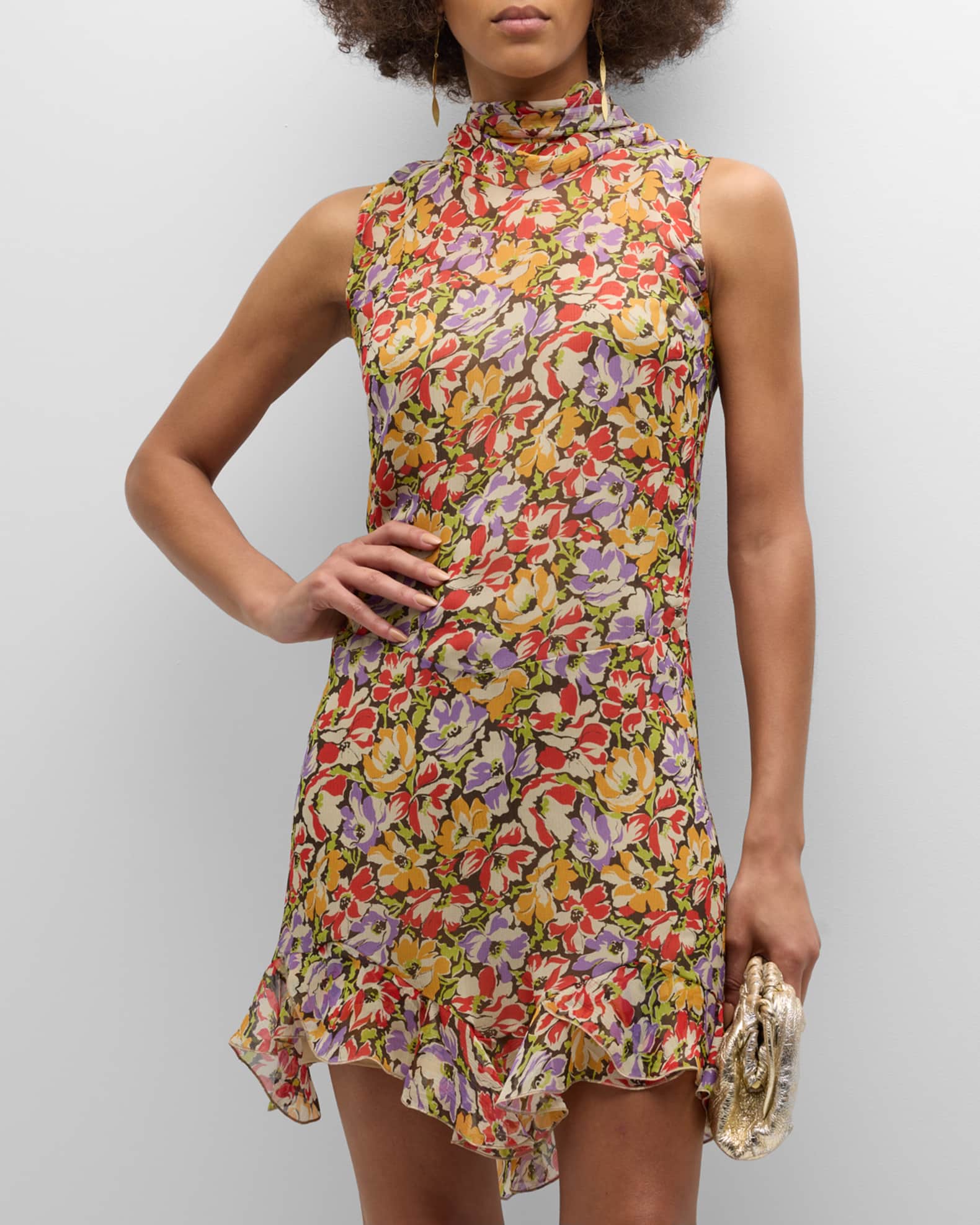 Stella McCartney Ultra Floral-Print Ruffle Sleeveless Silk Mini