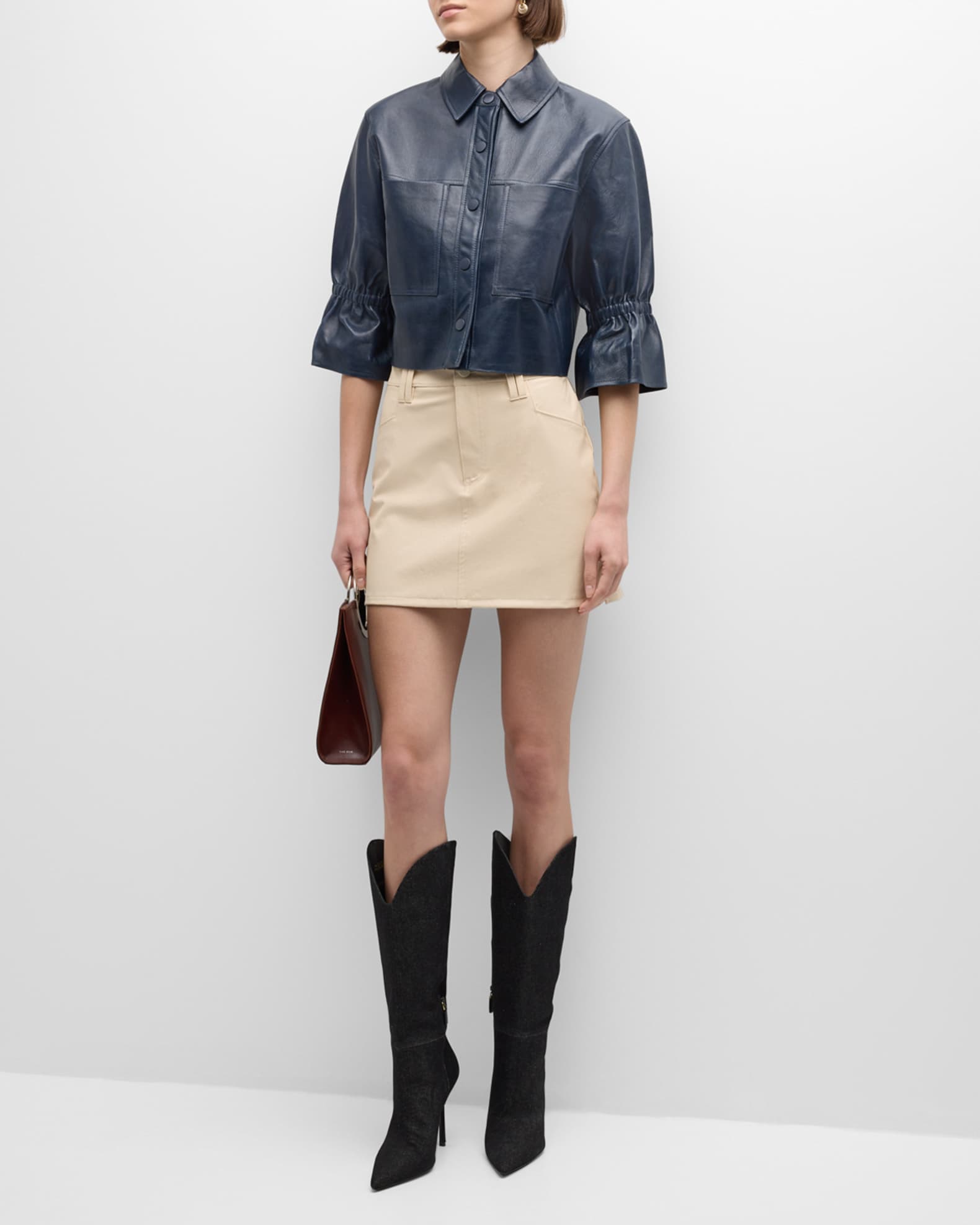Carolina Cropped Ruffle-Sleeve Leather Jacket 1