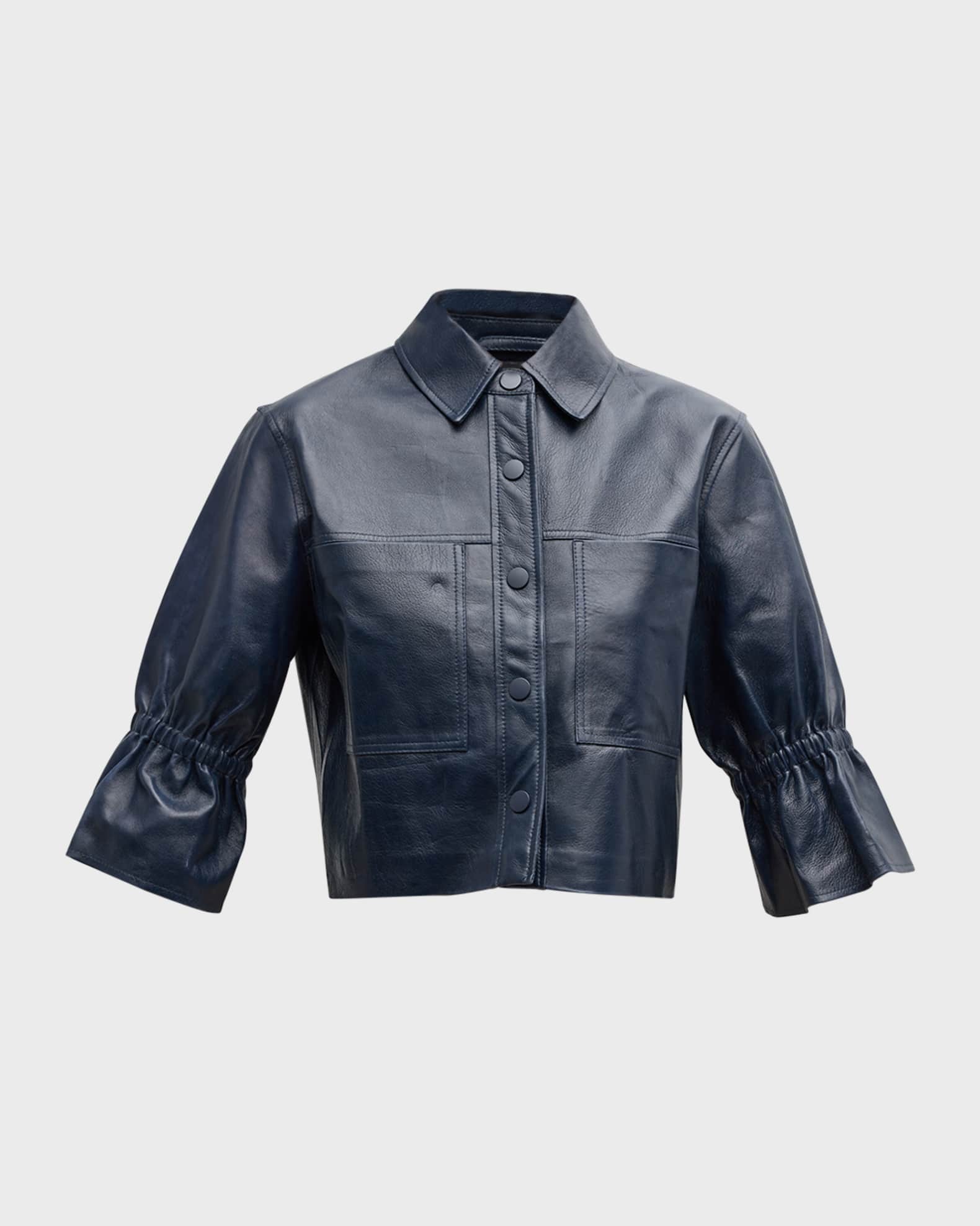 Carolina Cropped Ruffle-Sleeve Leather Jacket 0