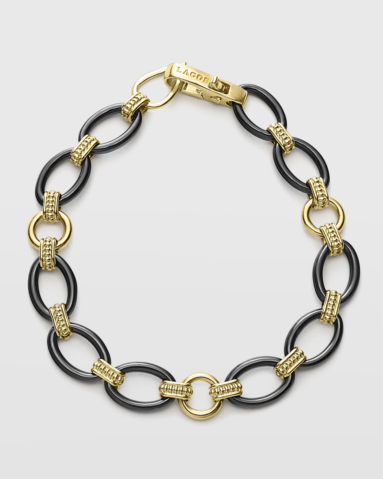 LAGOS Black Caviar Yellow Gold & Ceramic Oval-Link Bracelet, Size 7"