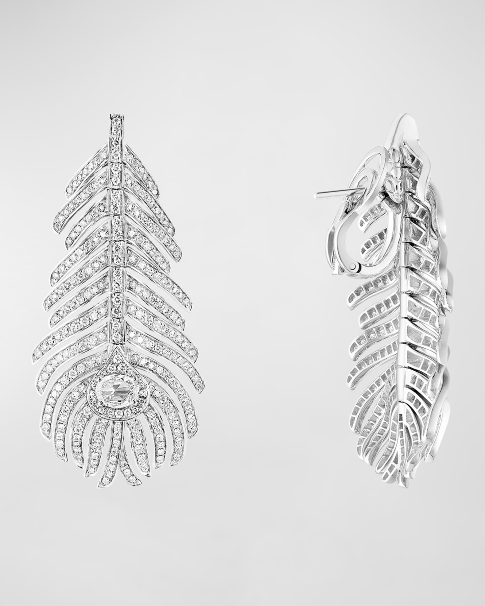 White Gold Plume de Paon Medium Diamond Feather Earrings