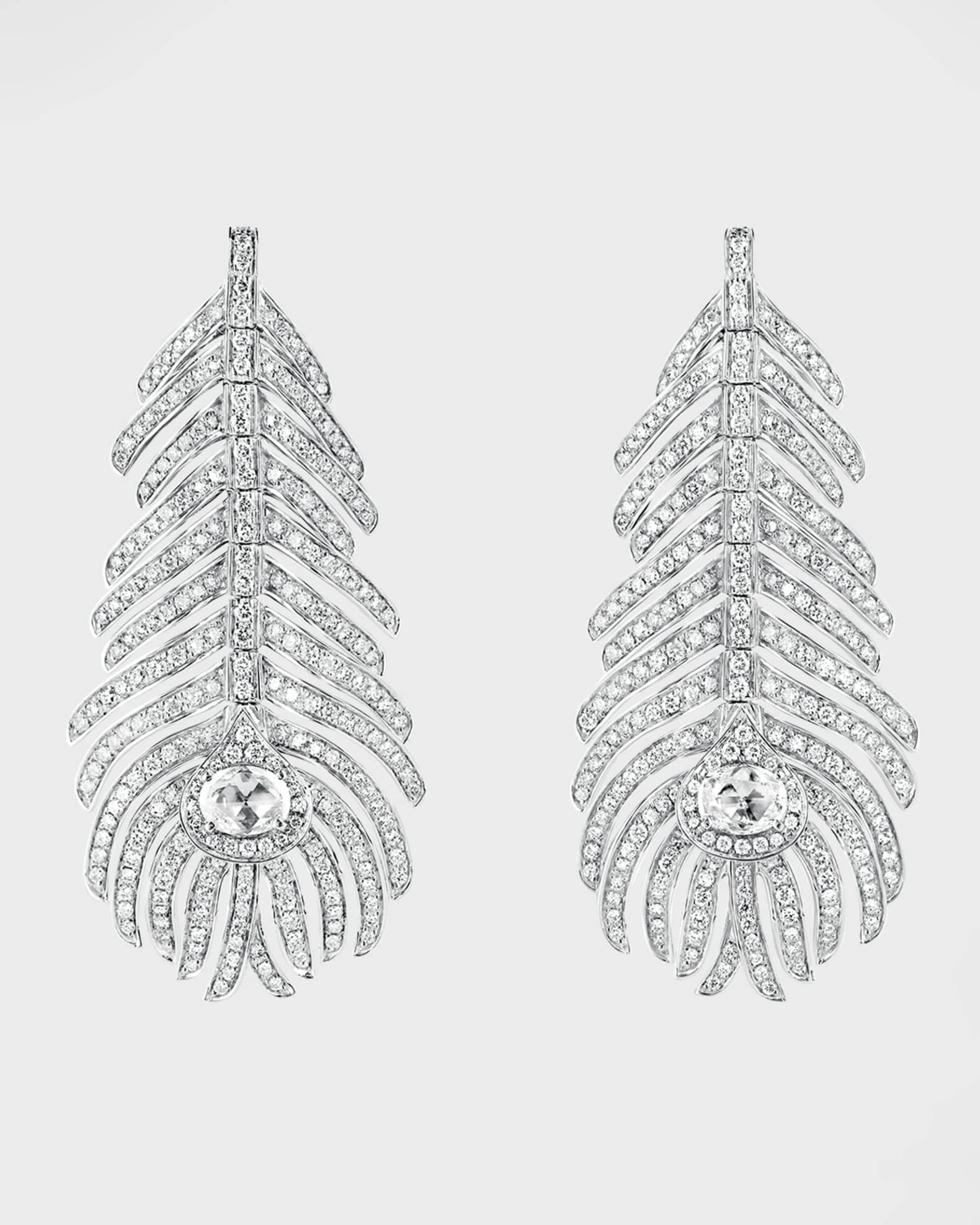 White Gold Plume de Paon Medium Diamond Feather Earrings