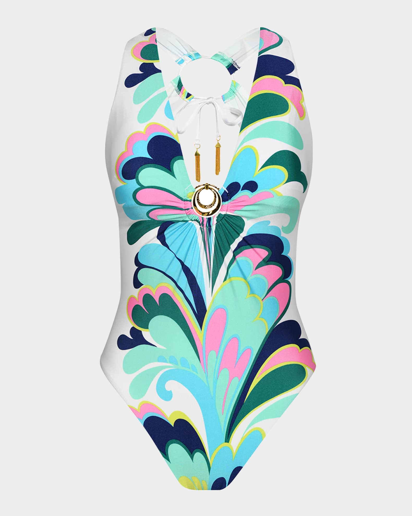 Far Out Feather V Plunge One Piece Swimsuit