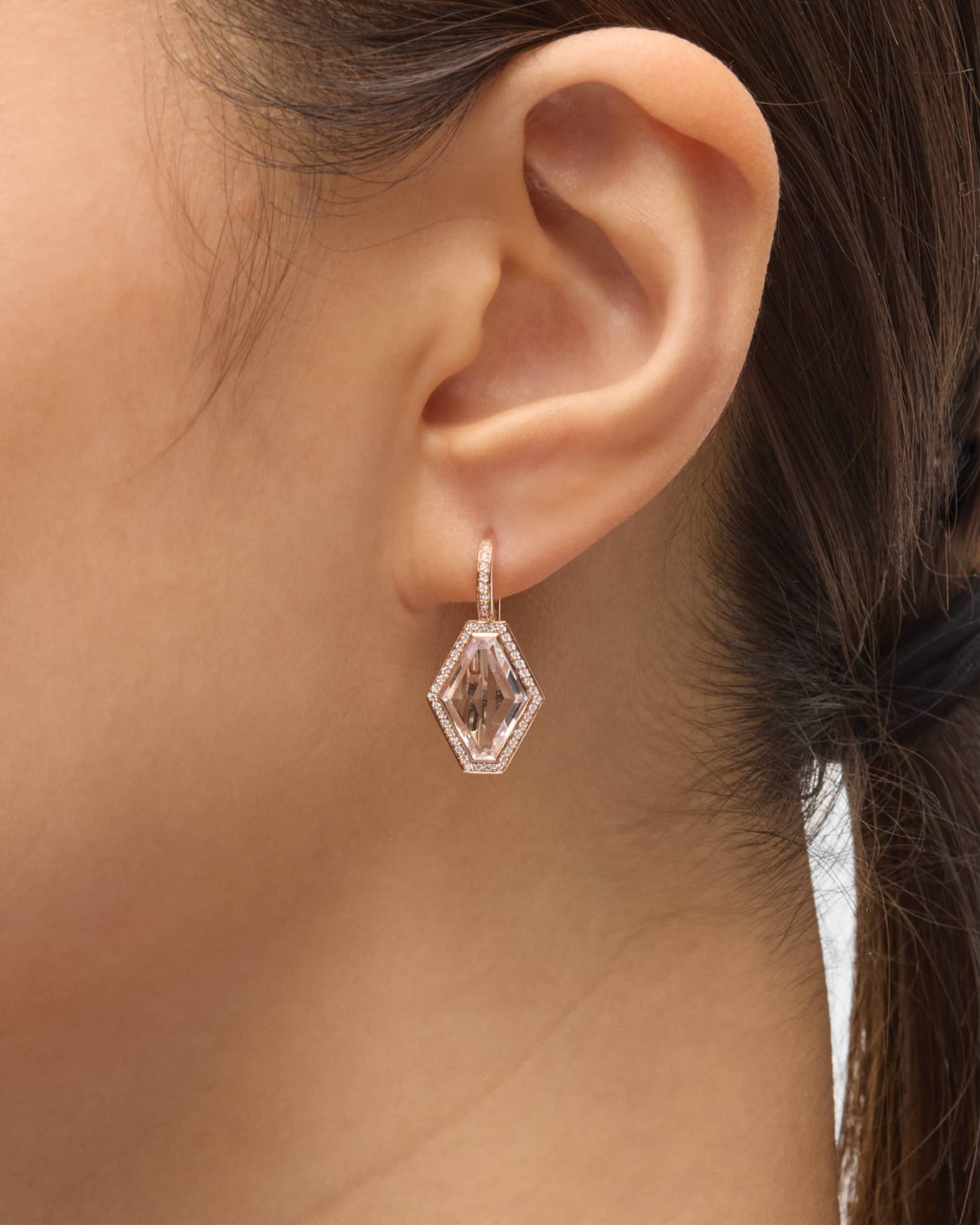 Bell 18K Rose Gold Diamond and Rock Crystal Hexagonal Earrings 1