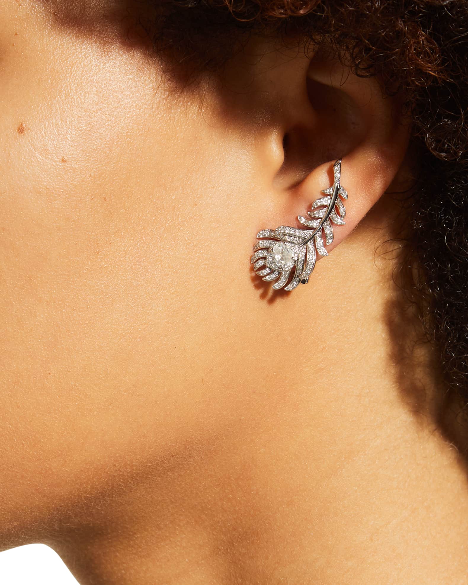 Plume de Paon White Gold Diamond Omega Clip Earrings 1