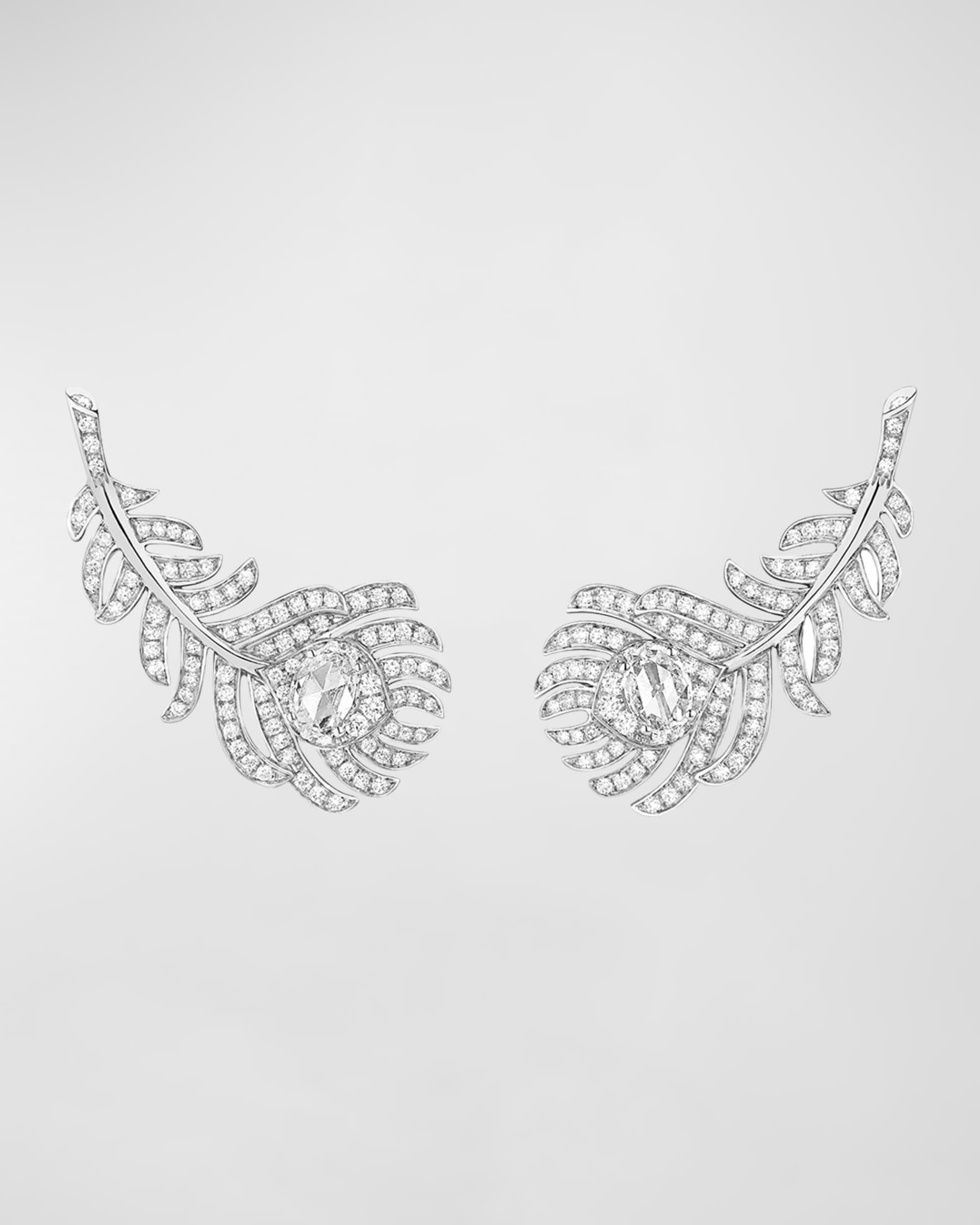 Plume de Paon White Gold Diamond Omega Clip Earrings 0