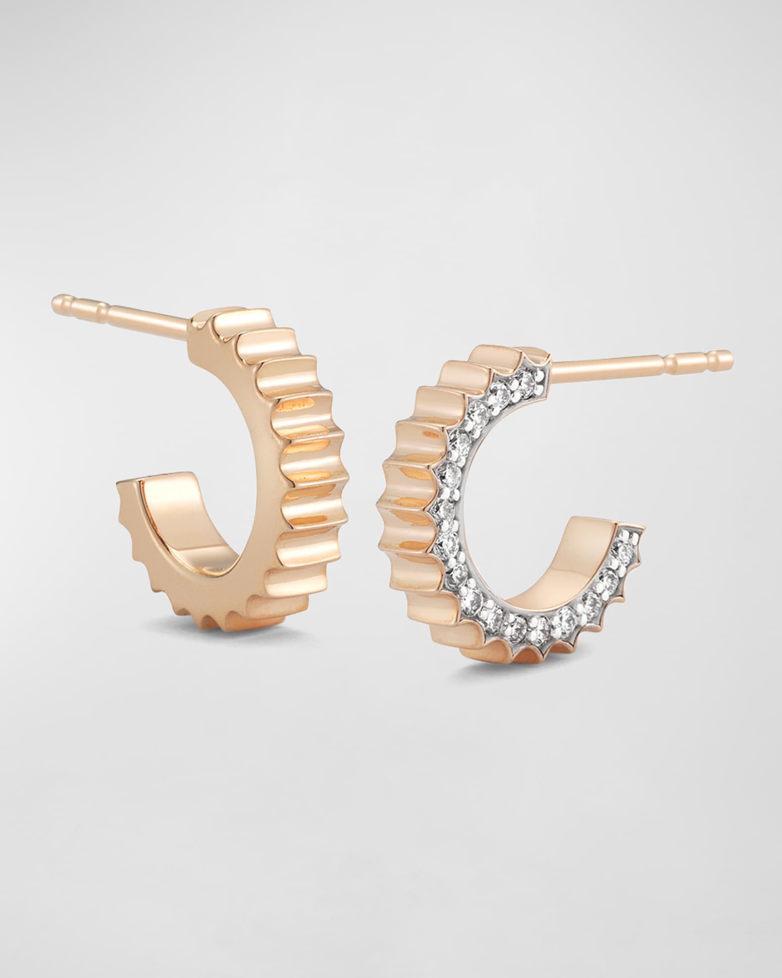 Clive Rose Gold Fluted Huggie Earrings with White Rhodium Diamond Edges 0
