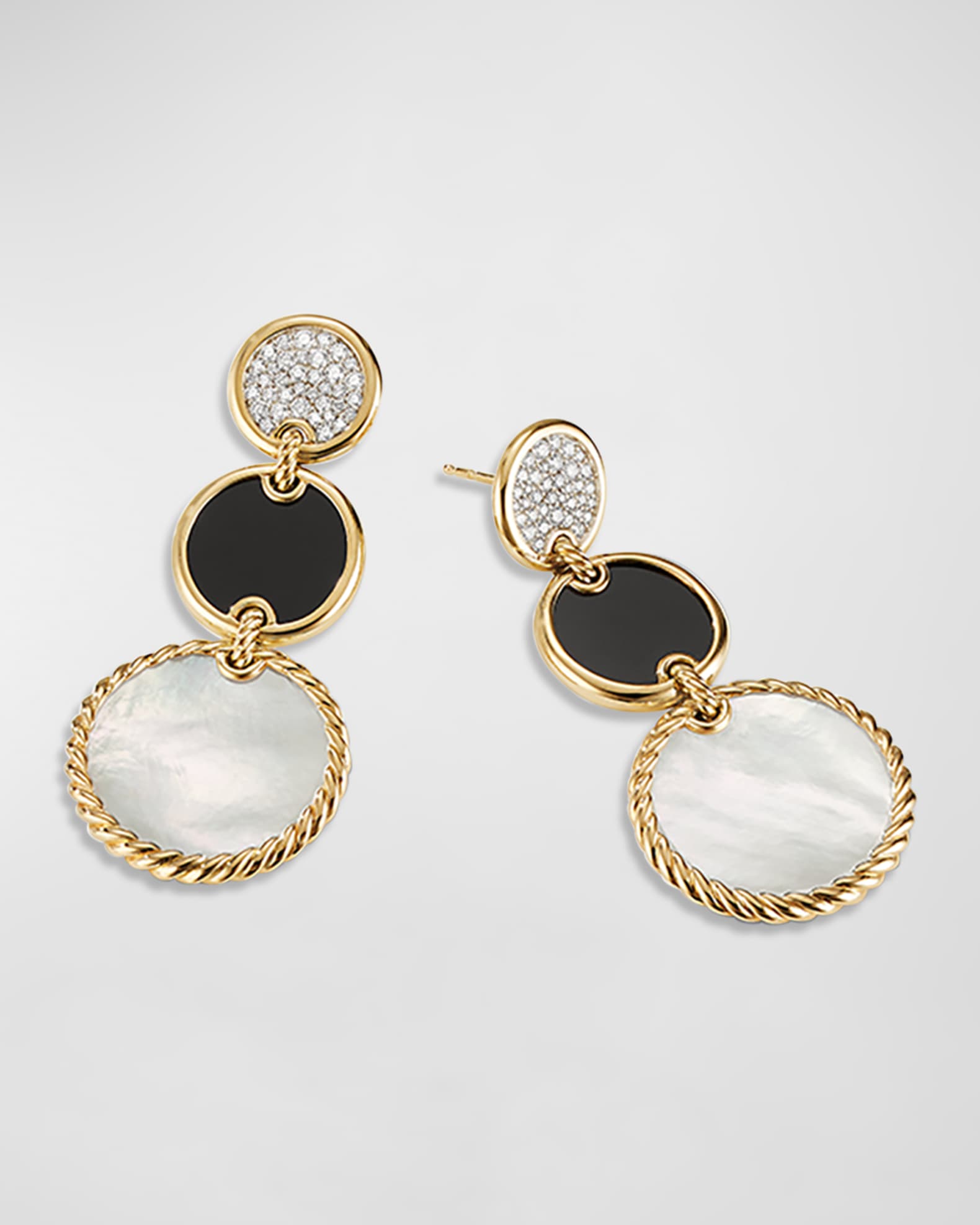 DY Elements Triple Drop Earrings in 18K Yellow Gold with Mother-of-Pearl, Black Onyx & Pave Diamonds 1