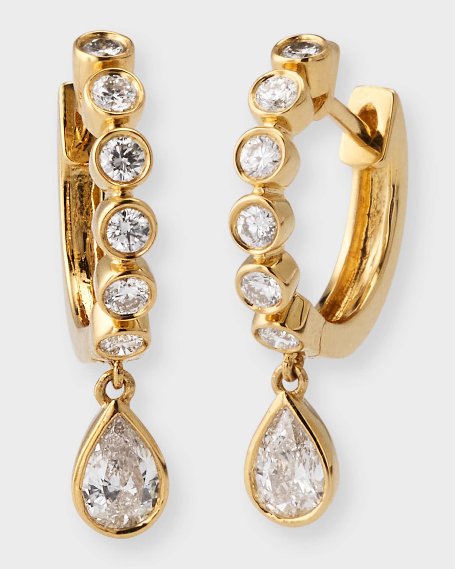 18K Yellow Gold Round Bezeled Huggie Earrings with Pear Dangles 0