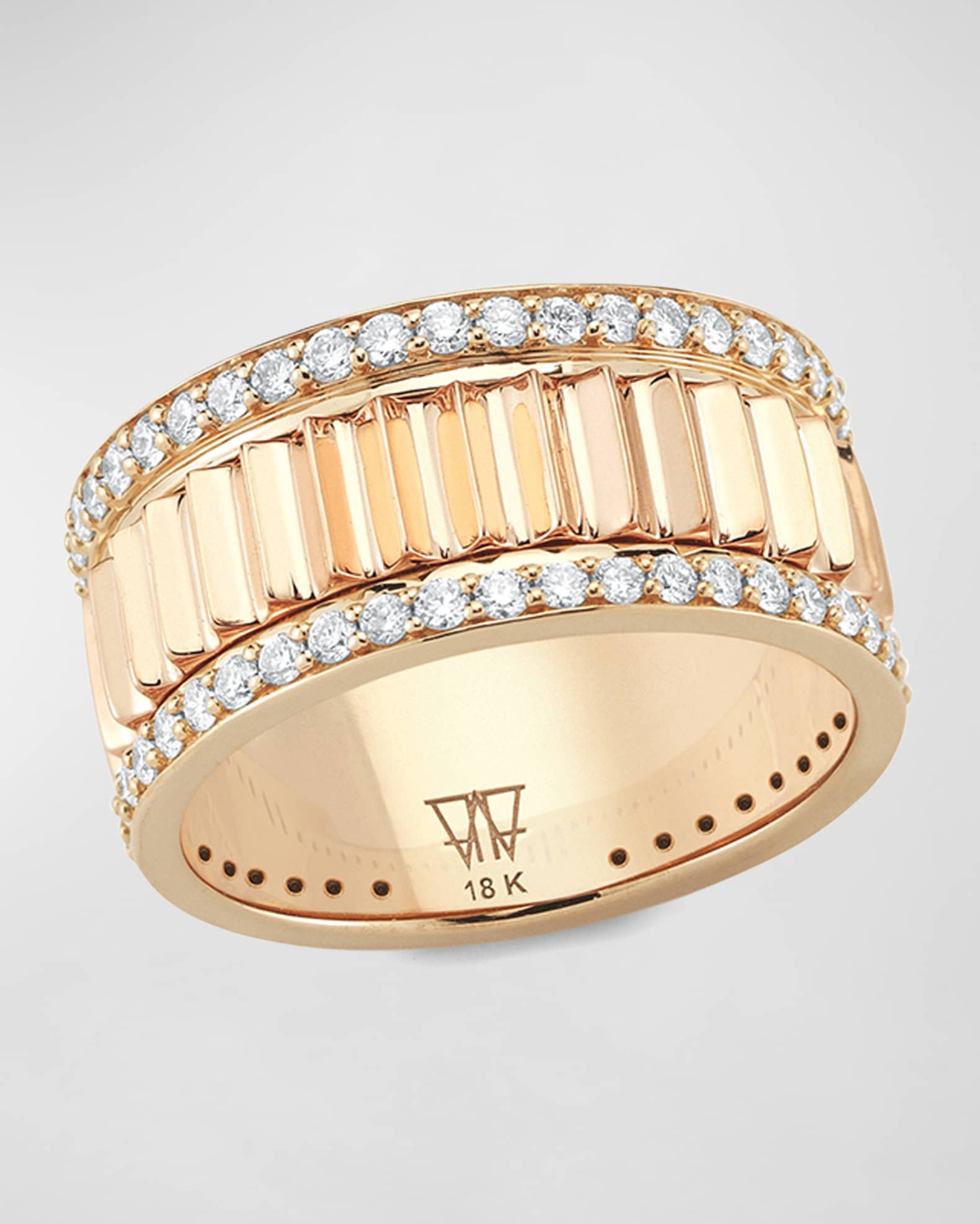 Clive Rose Gold Narrow Fluted Band Ring with Diamonds Rails 0