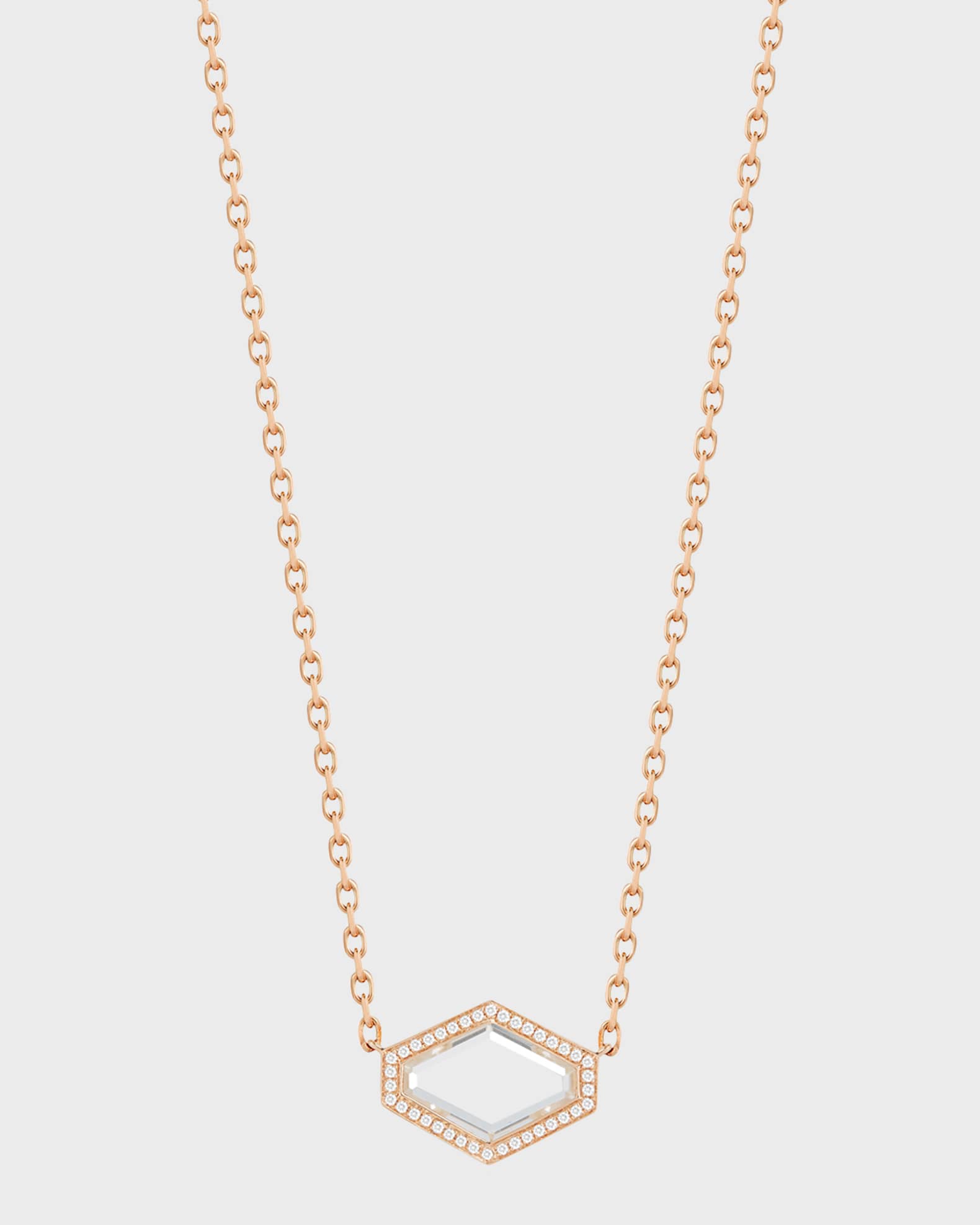 Bell Rose Gold Rock Crystal Hexagonal East-West Necklace with Diamond Border 0