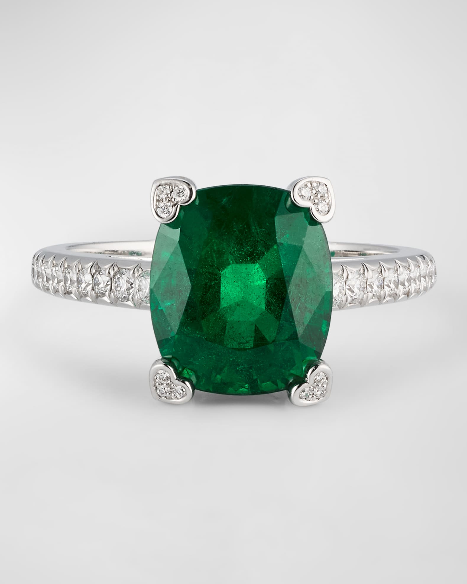 18K White Gold Emerald Solitaire Ring with Diamonds, Size 53 0