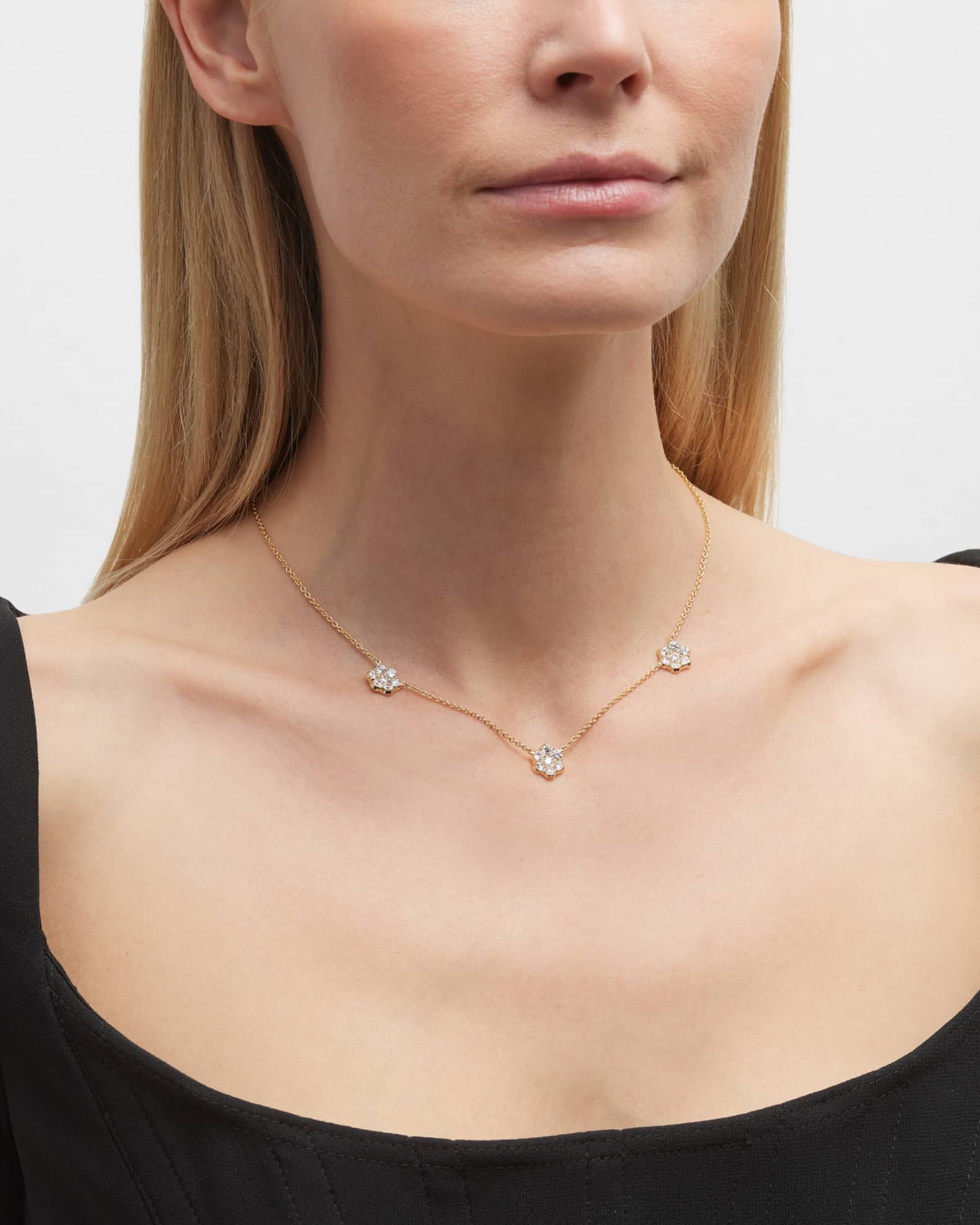 18k Yellow Gold Flower Diamond Station Necklace  1