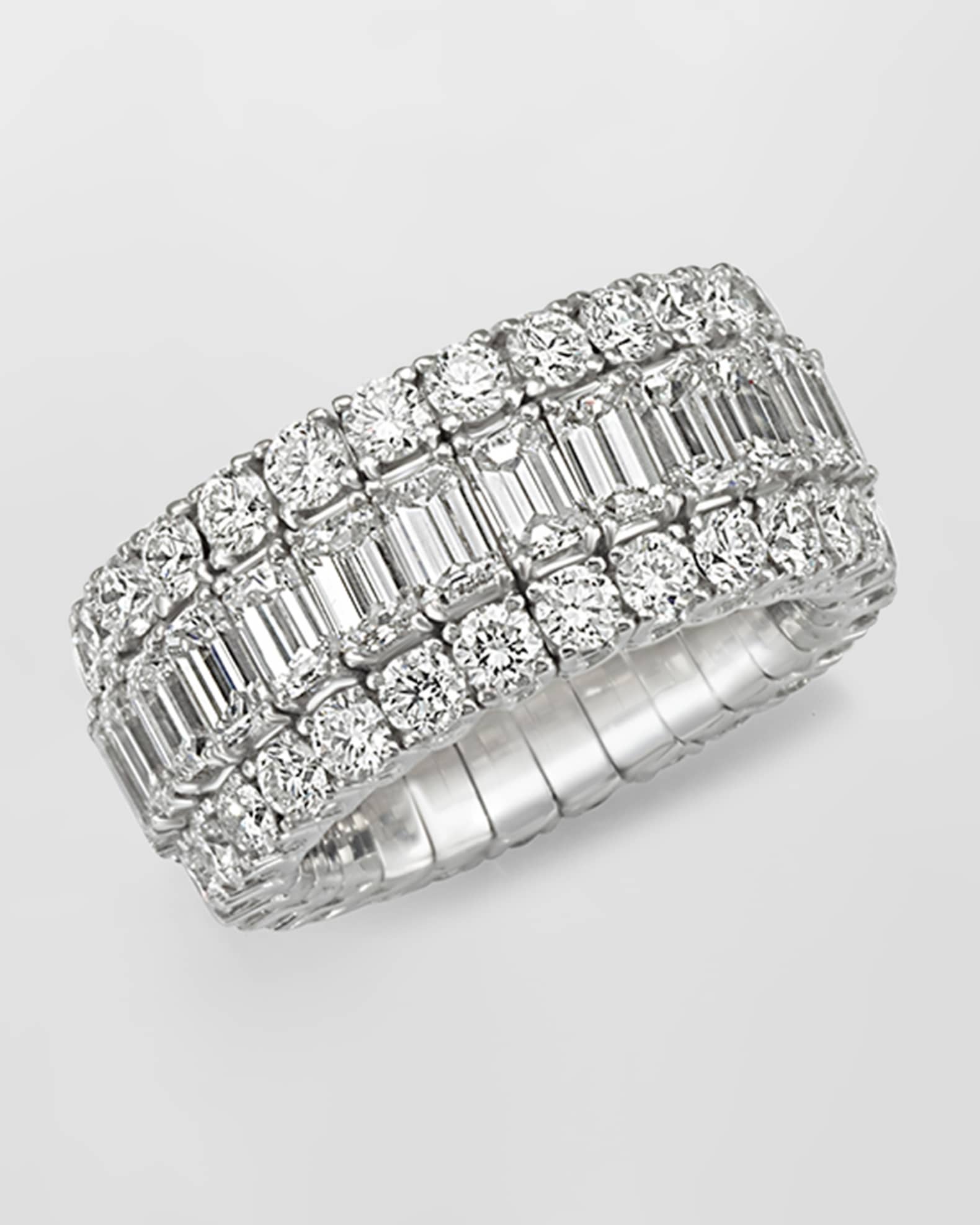 18K White Gold Xpandable FG/VVS Emerald Cut and Round Diamond Ring, Size 6.5 - 11 0